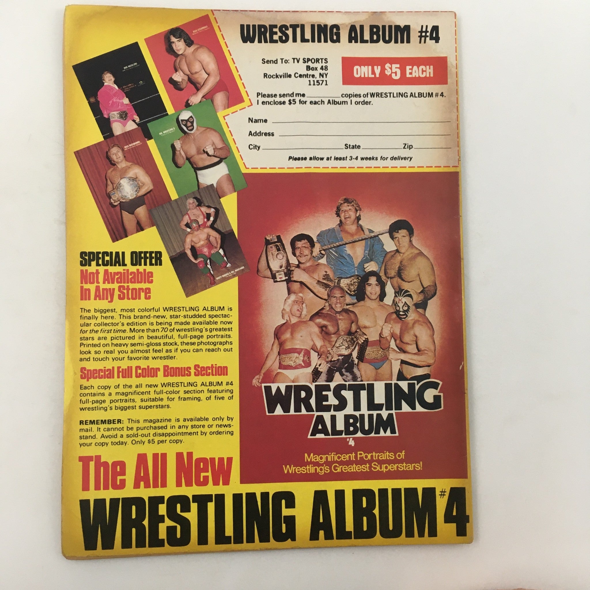 Back cover of Inside Wrestling Magazine November 1981 promoting Wrestling Album #4, featuring images of wrestling superstars.