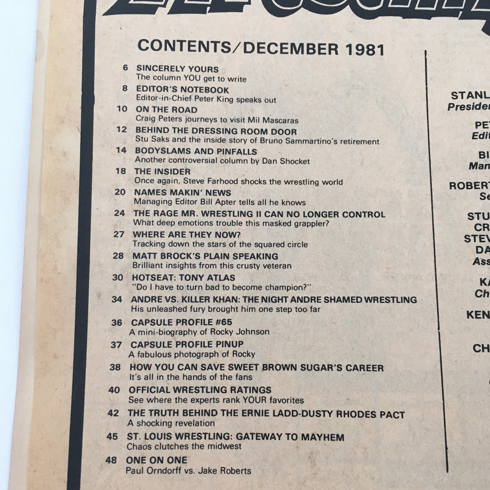 Contents page of Inside Wrestling Magazine December 1981, detailing featured articles and topics including Andre the Giant vs Killer Khan.
