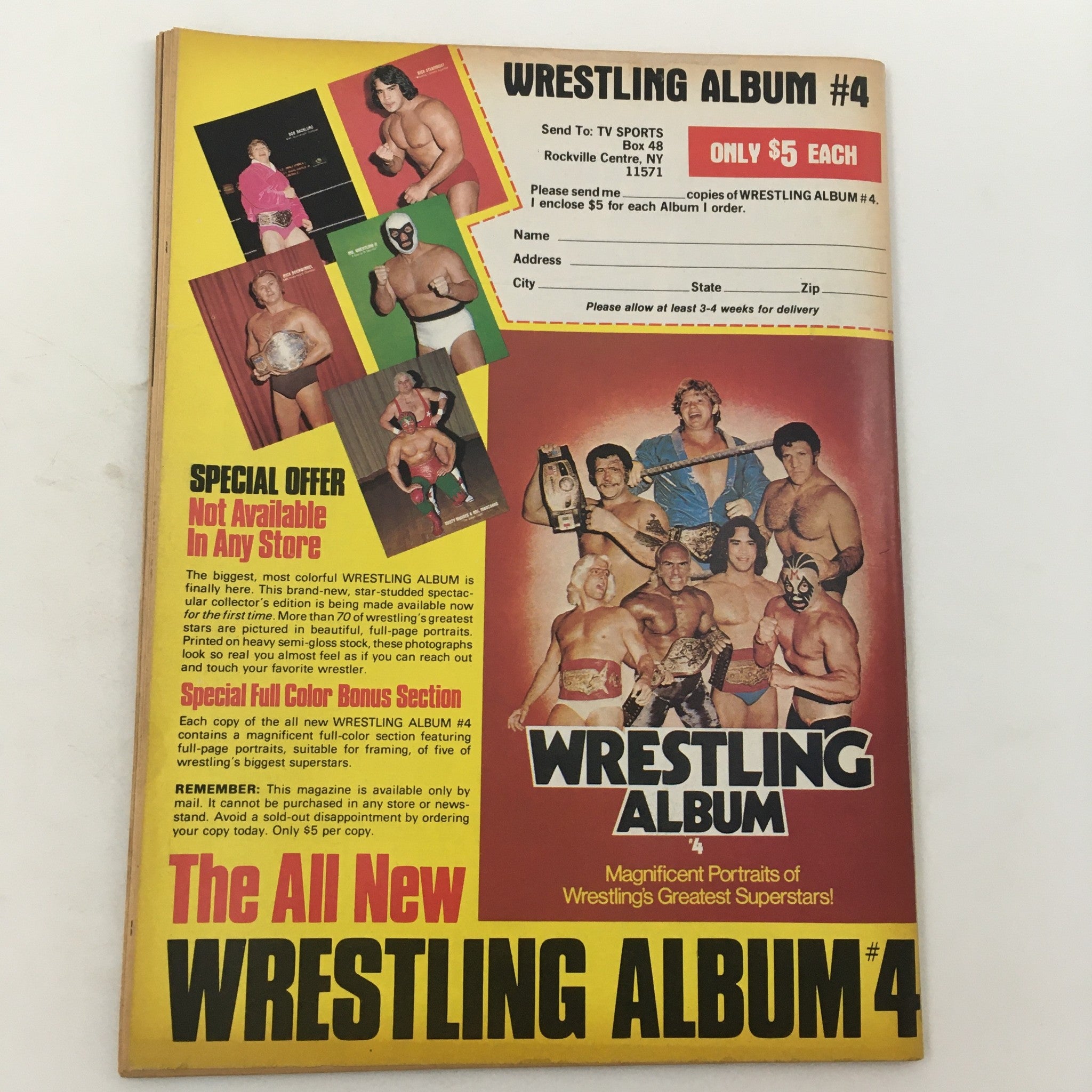 Back cover of Inside Wrestling Magazine December 1981 promoting Wrestling Album #4 with images of famous wrestlers.