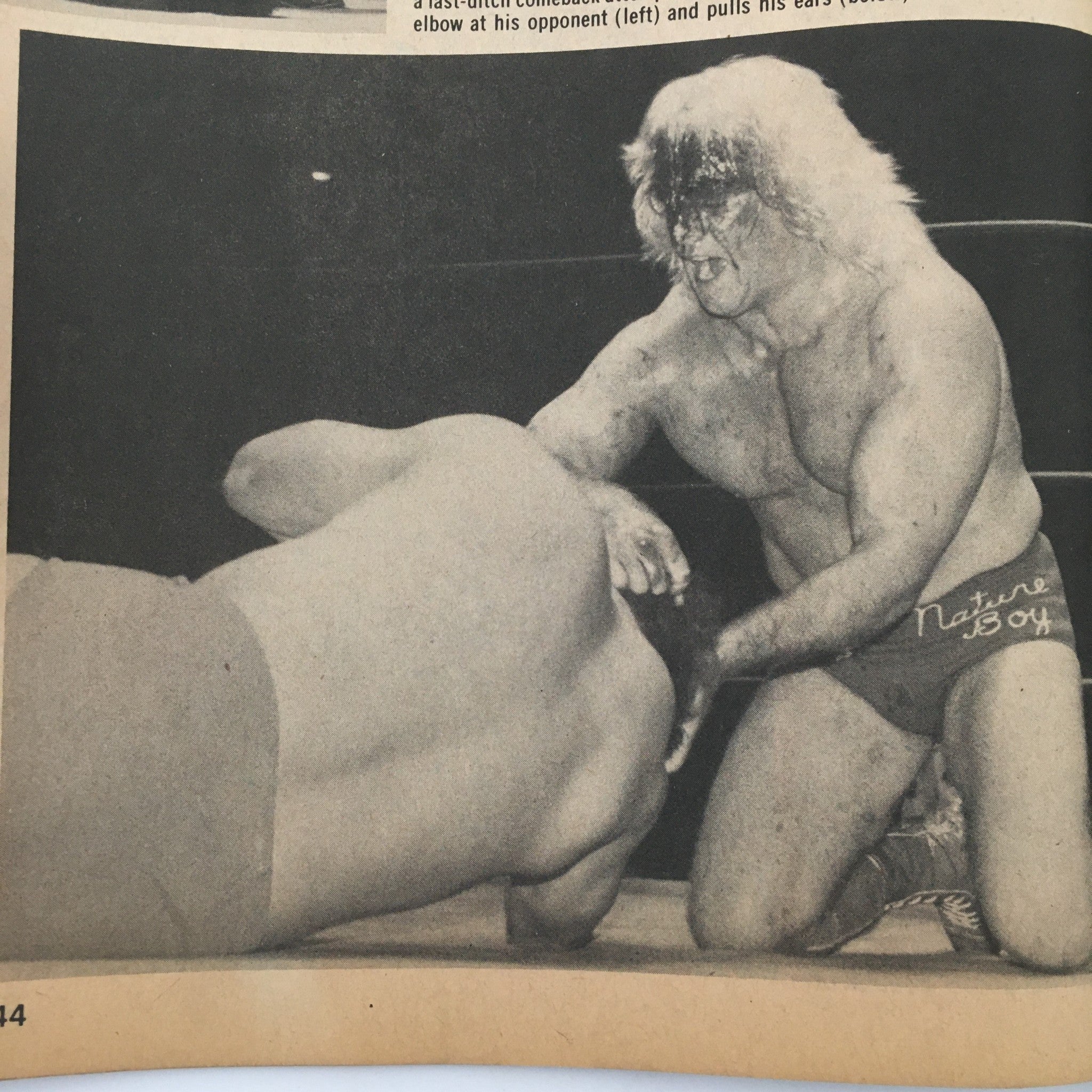 Image from Inside Wrestling Magazine December 1981 showing a wrestling match with notable action, featuring a wrestler with long hair.