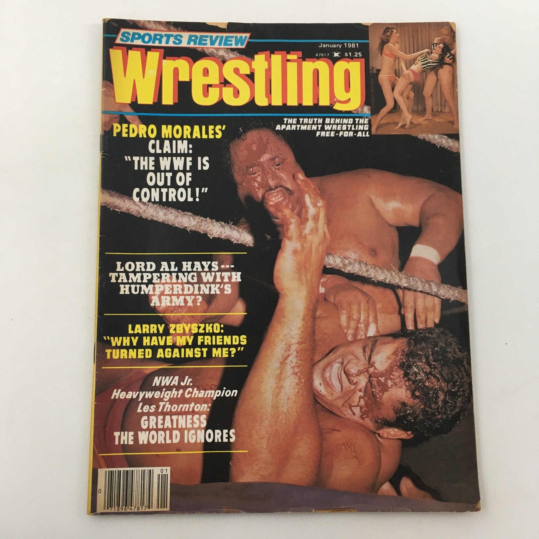 Cover of Sports Review Wrestling Magazine January 1981 featuring Pedro Morales and Les Thornton, with headlines discussing wrestling controversies and champions.