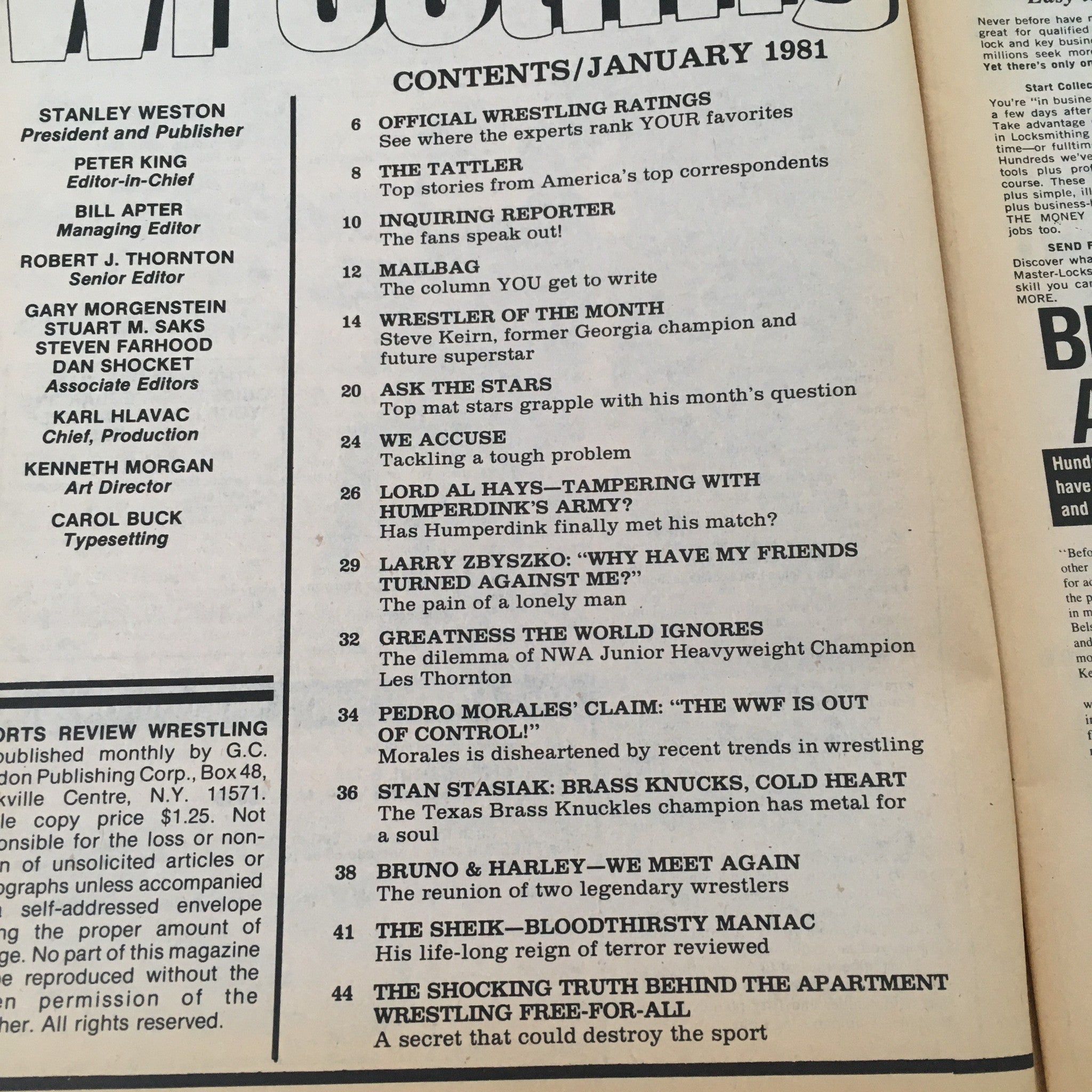 Table of contents page from Sports Review Wrestling Magazine January 1981 detailing articles and features including Pedro Morales and wrestling insights.