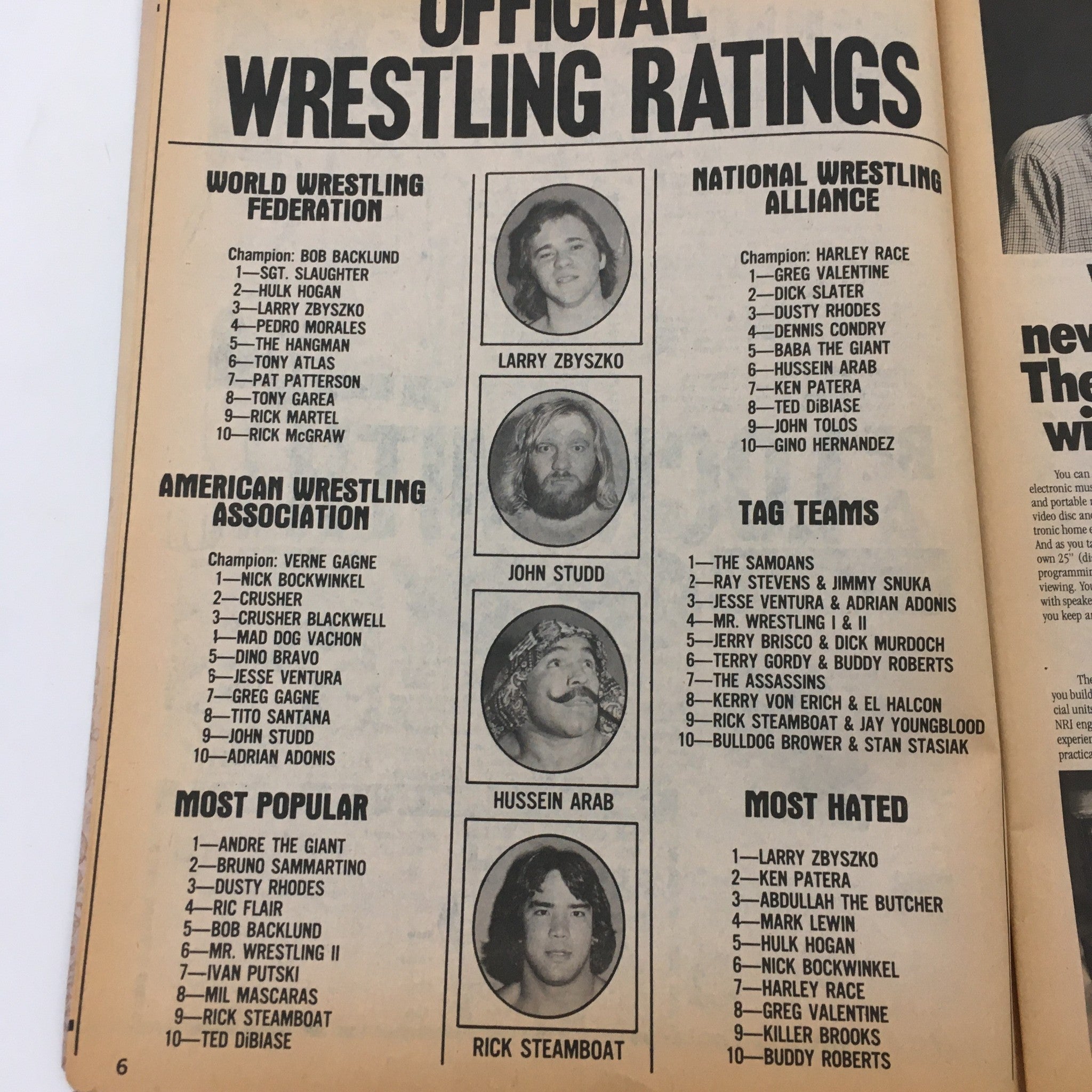 Official wrestling ratings page from Sports Review Wrestling Magazine January 1981 showing rankings of wrestlers and tag teams.
