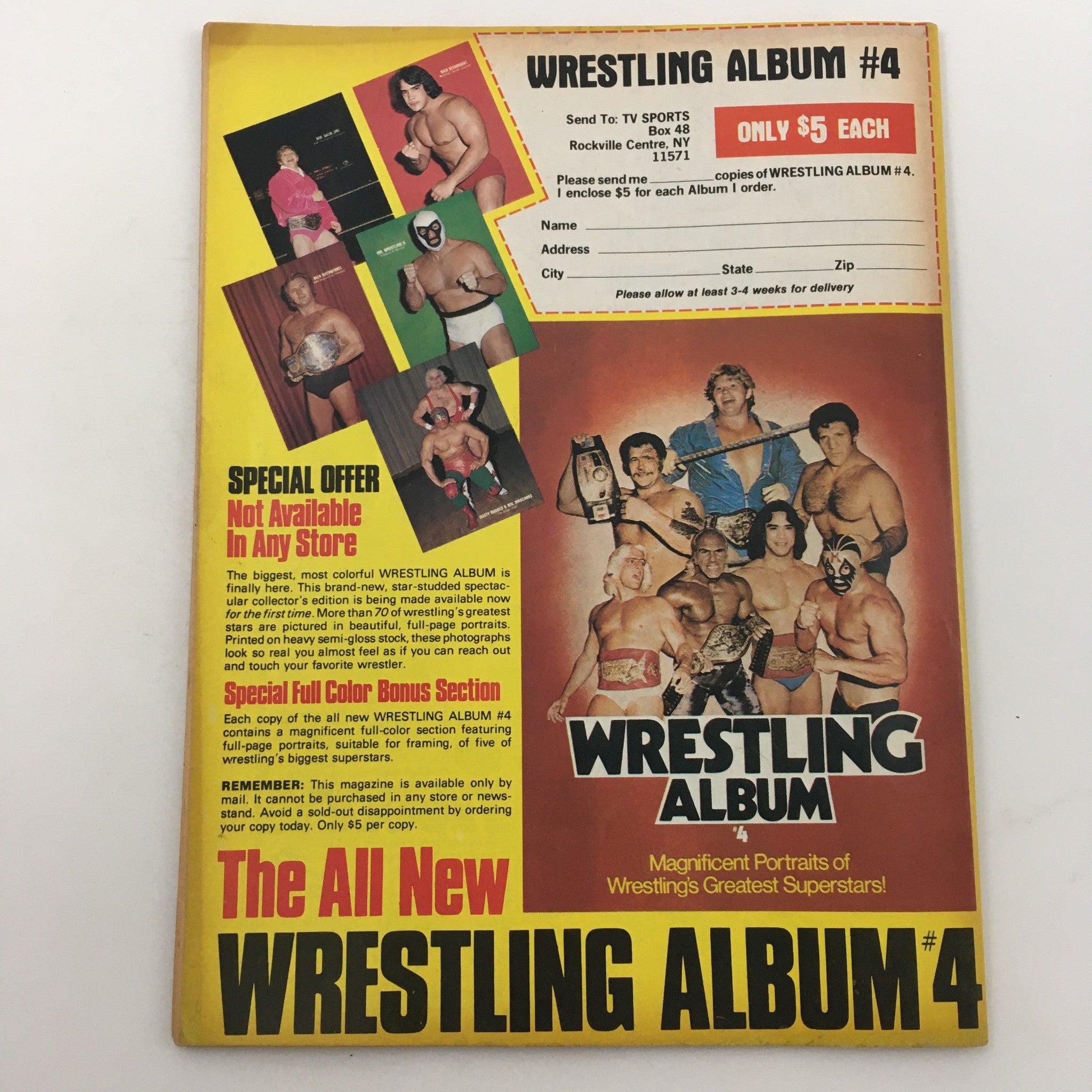 Back cover of Sports Review Wrestling Magazine January 1981 advertising Wrestling Album #4 with images of various wrestling stars.