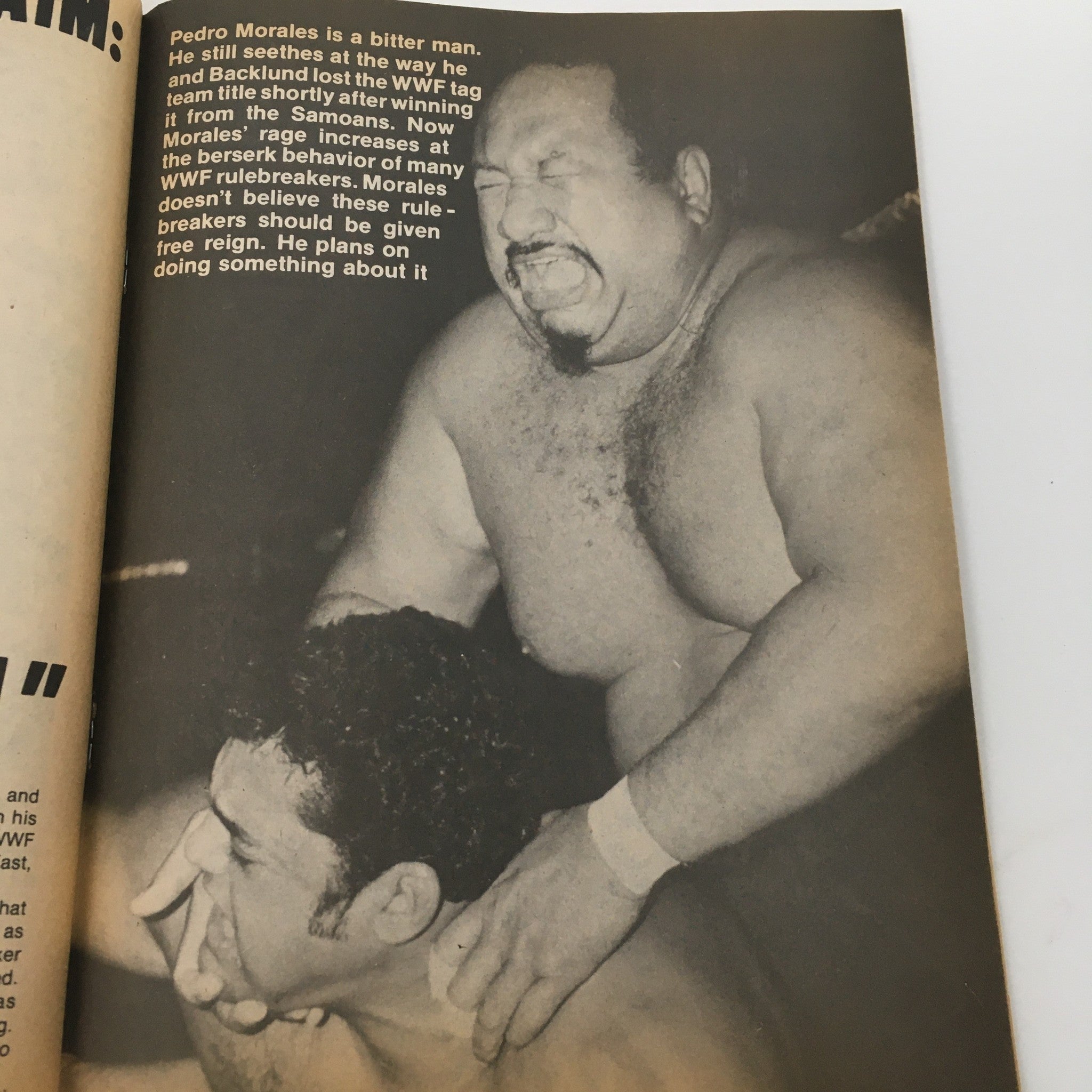 Vintage wrestling magazine page featuring Pedro Morales with a dramatic expression while performing in the ring, from the Sports Review Wrestling Magazine January 1981.