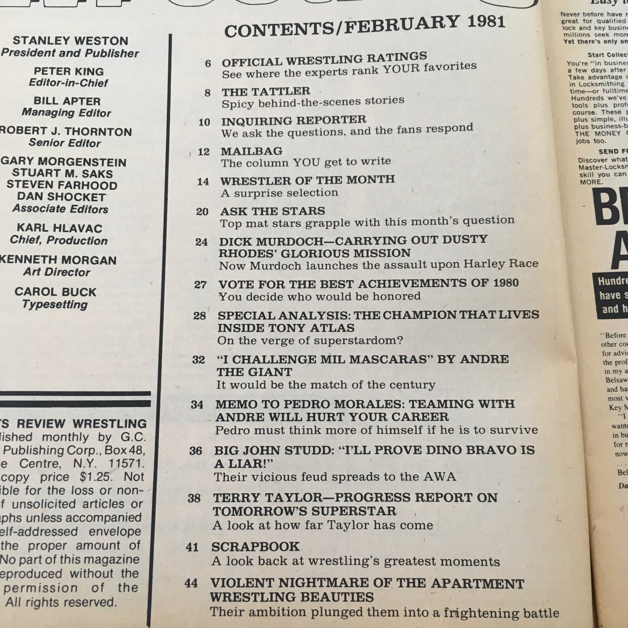 Contents page of Sports Review Wrestling Magazine February 1981 detailing various articles and features including Dick Murdoch and Pedro Morales.