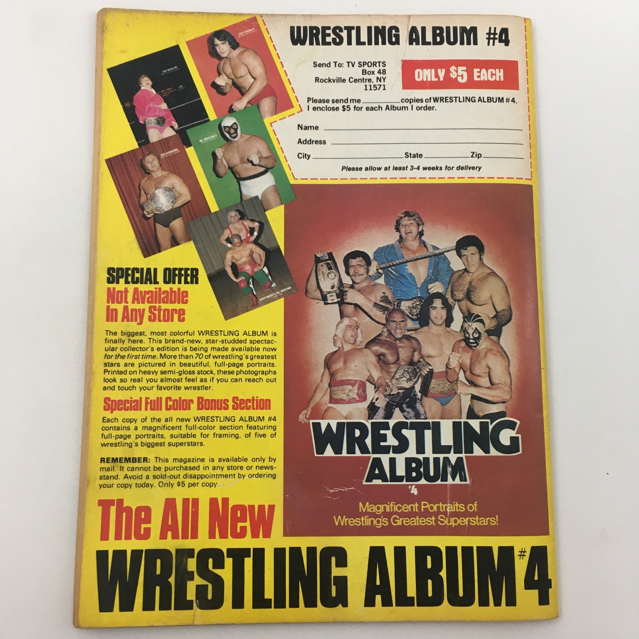 Back cover of Wrestling Album #4 advertisement within Sports Review Wrestling Magazine February 1981, highlighting wrestling stars and special offers.