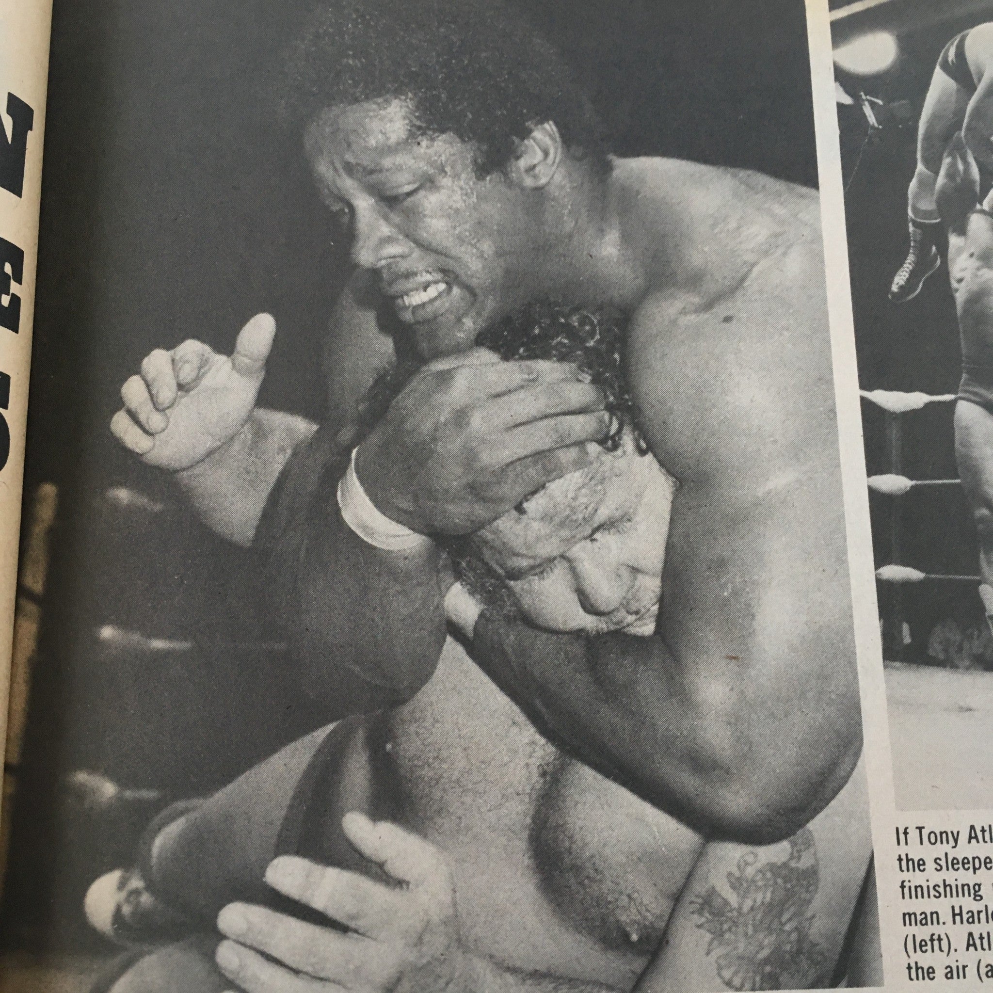 Action shot from Sports Review Wrestling Magazine February 1981 depicting two wrestlers in a grappling scene, showcasing the intense competition of the era.