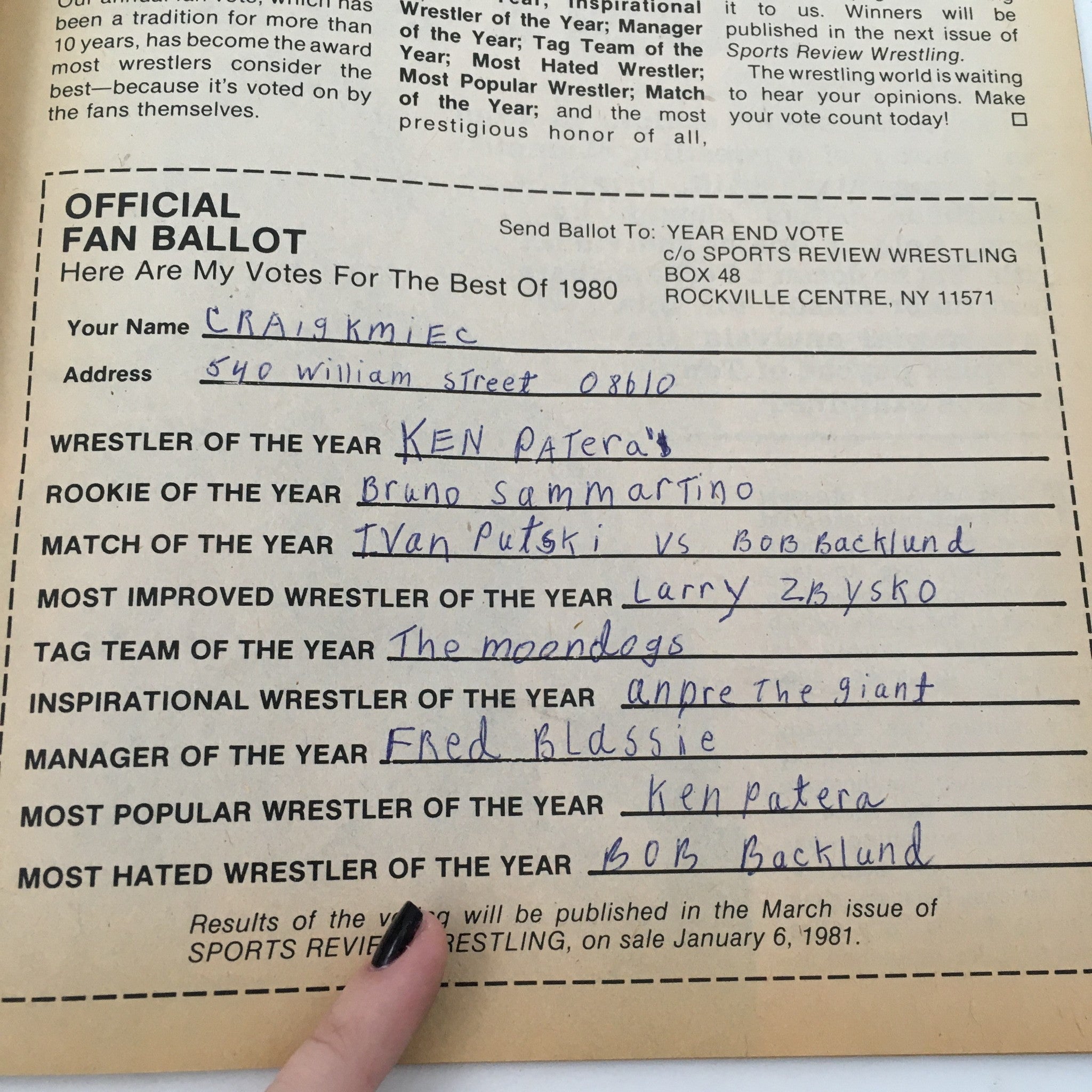 Official fan ballot from Sports Review Wrestling Magazine February 1981 featuring title votes, including 'Wrestler of the Year: Ken Patera' and 'Most Hated Wrestler of the Year: Bob Backlund.' This historic ballot reflects fan engagement during the golden era of wrestling.