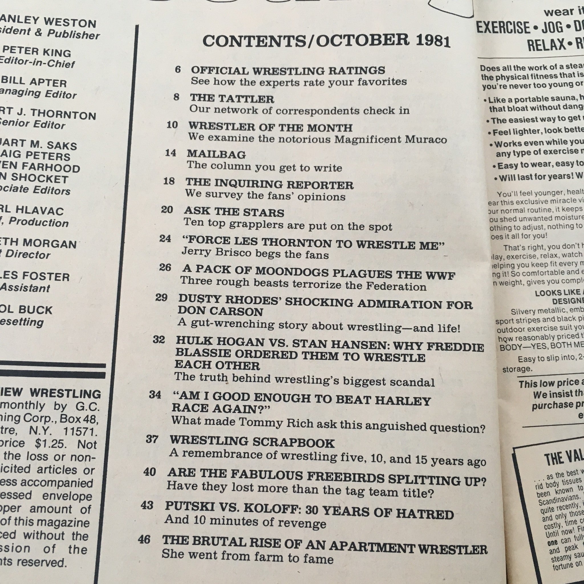 Contents page of Sports Review Wrestling Magazine October 1981, detailing articles including features on Hulk Hogan vs Stan Hansen, with various wrestling rankings and topics.