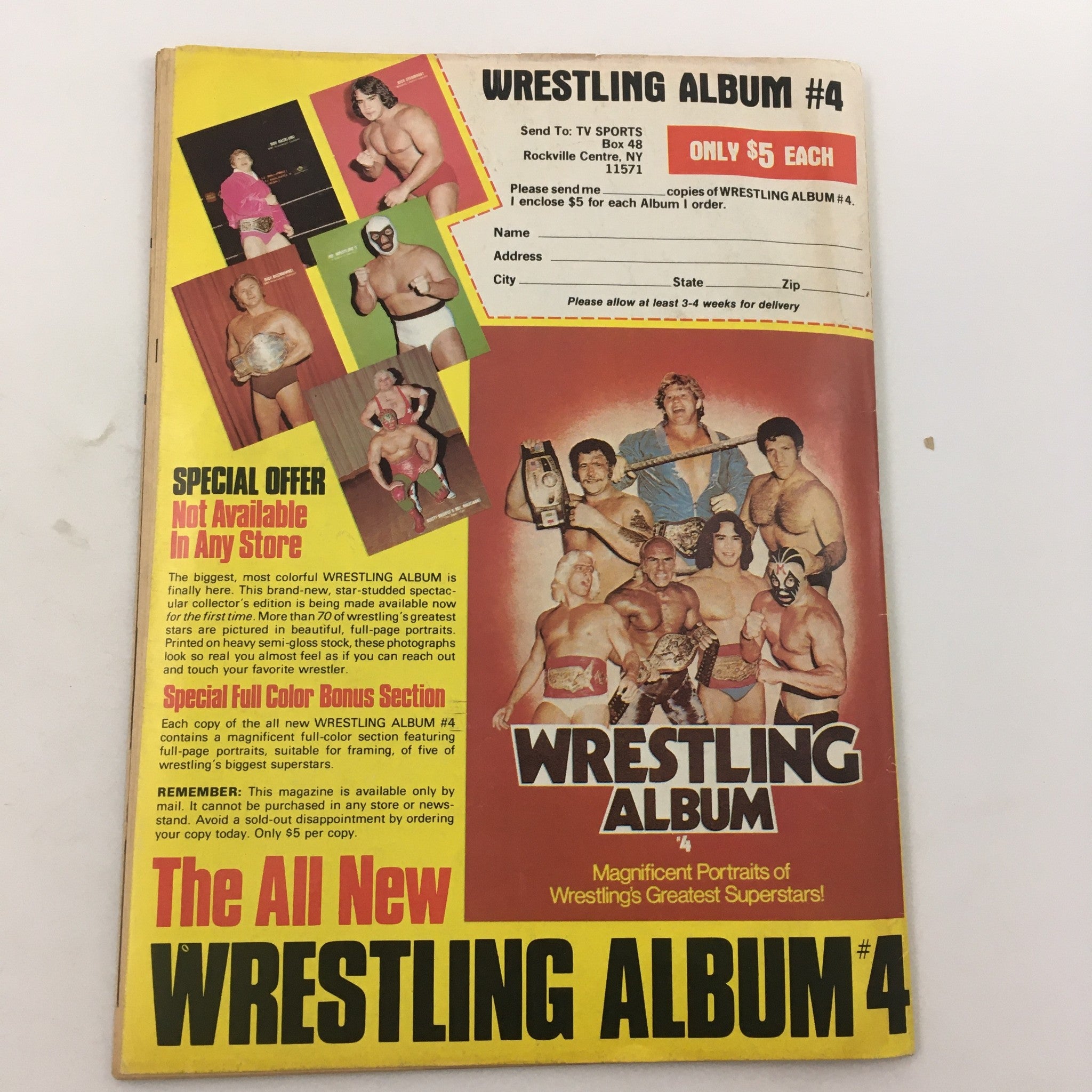 Back cover of the Sports Review Wrestling Magazine October 1981 showing Wrestling Album #4 promotion with images of popular wrestlers, emphasizing collector's value.