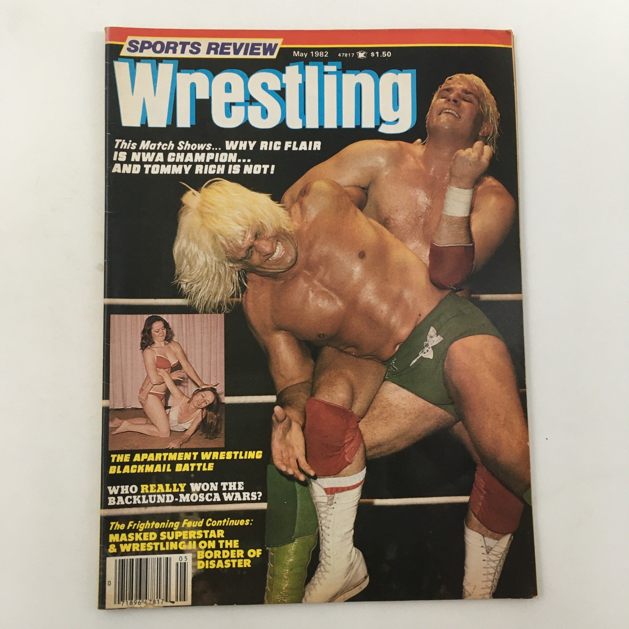 Cover of Sports Review Wrestling Magazine May 1982 featuring NWA Champion Ric Flair wrestling Tommy Rich.