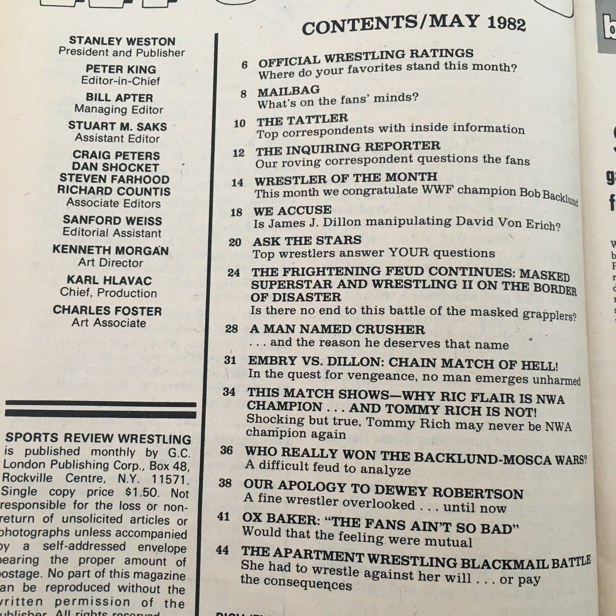 Contents page of Sports Review Wrestling Magazine May 1982 detailing featured articles and match highlights.