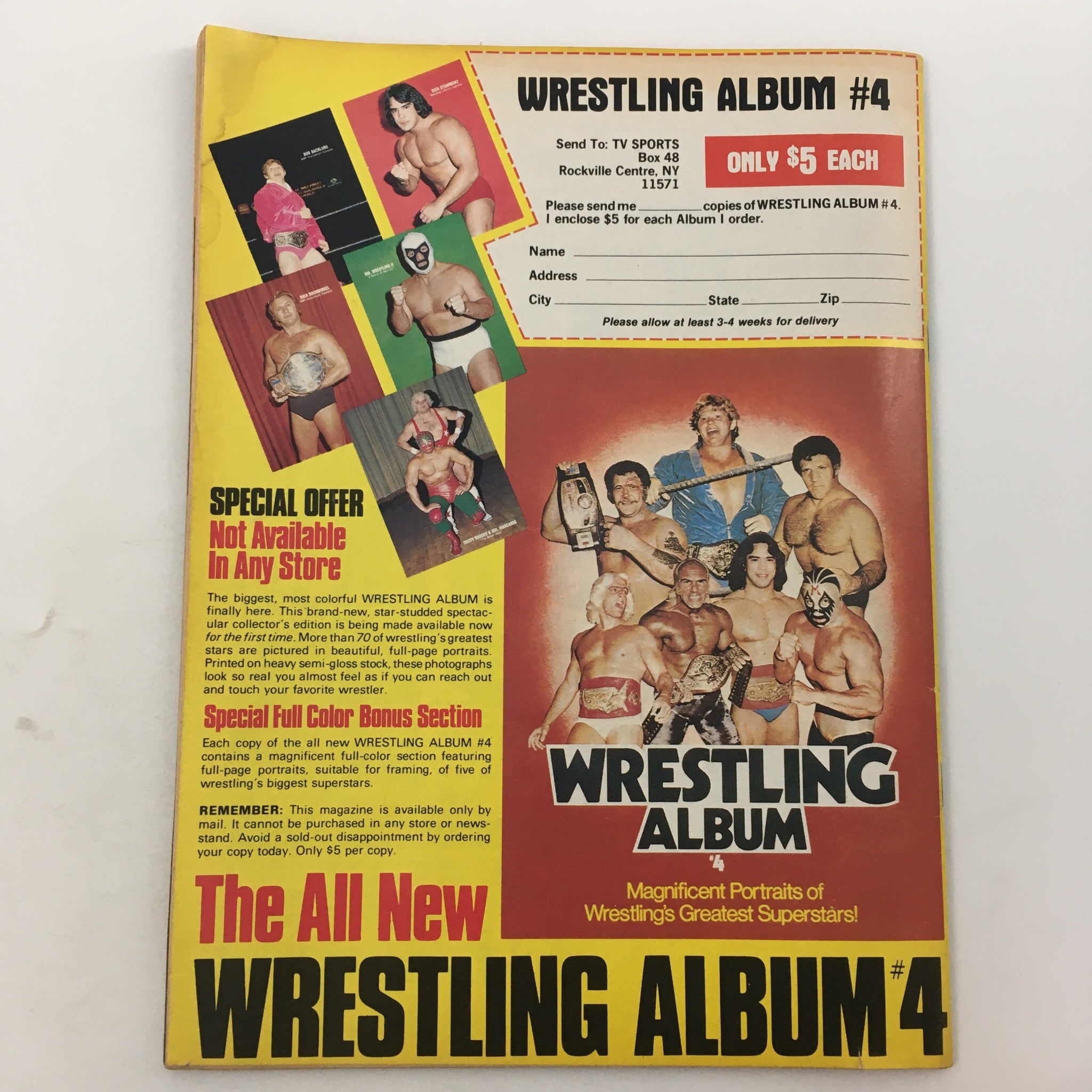 Back cover of Sports Review Wrestling Magazine May 1982 advertising Wrestling Album #4 with images of famous wrestlers.