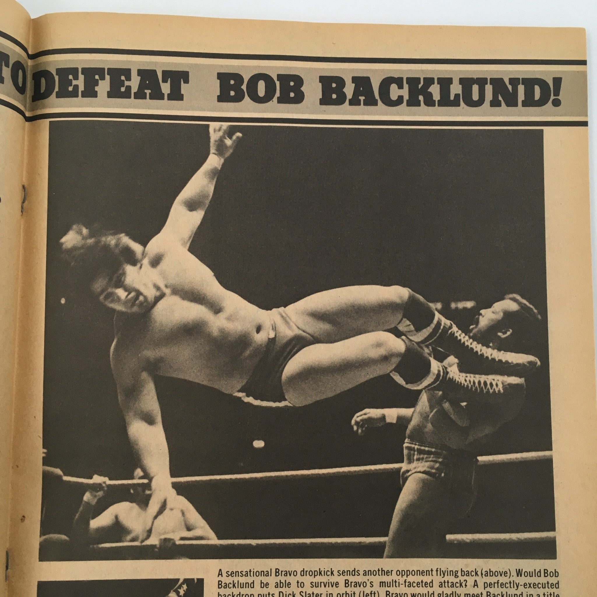 Sports Review Wrestling Magazine November 1979 featuring a dynamic scene of a wrestler performing a dropkick against Bob Backlund. This vintage magazine captures the intensity of professional wrestling during the late 1970s.