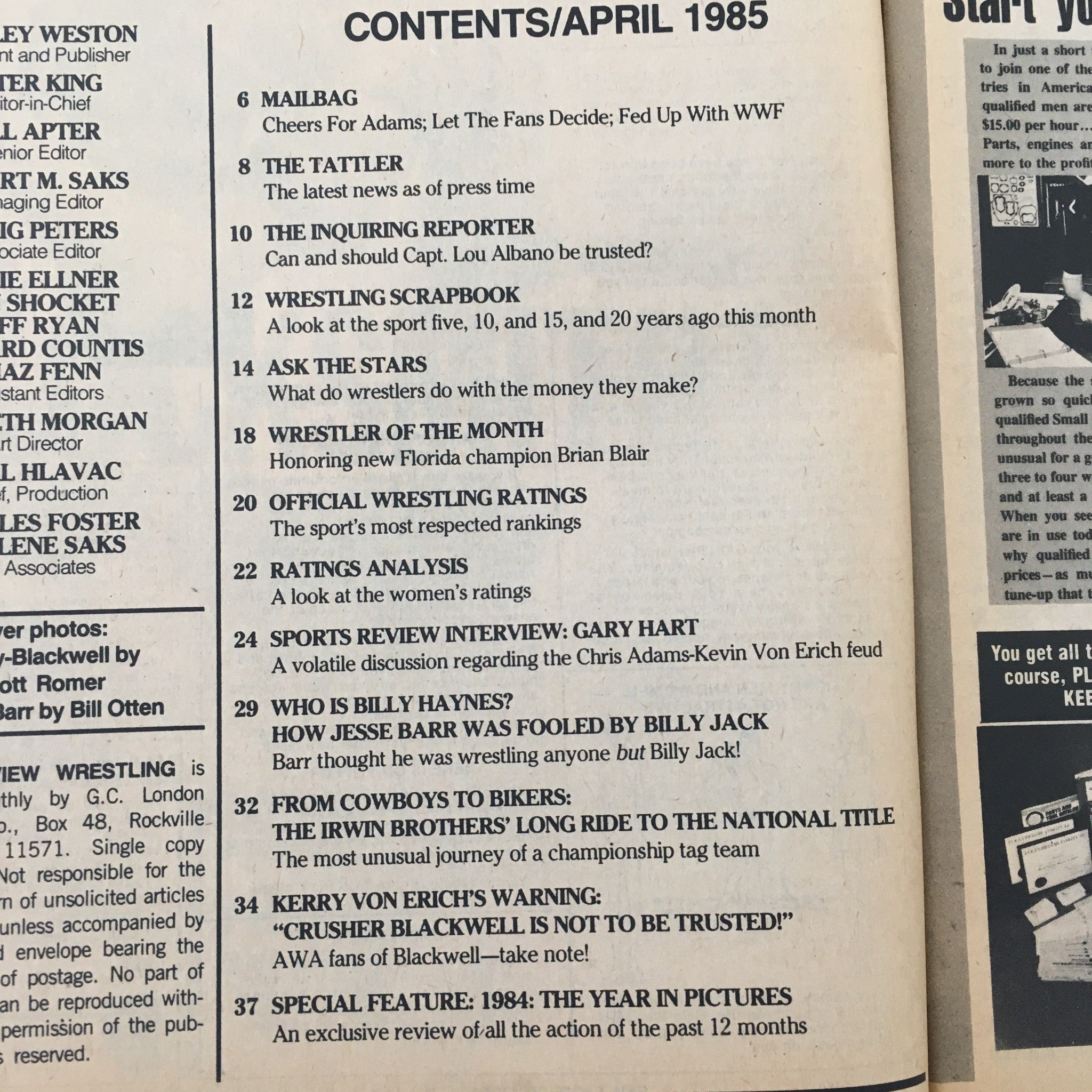 Contents page of Sports Review Wrestling Magazine April 1985 outlining featured articles and stories including Kerry Von Erich vs Crusher Blackwell.