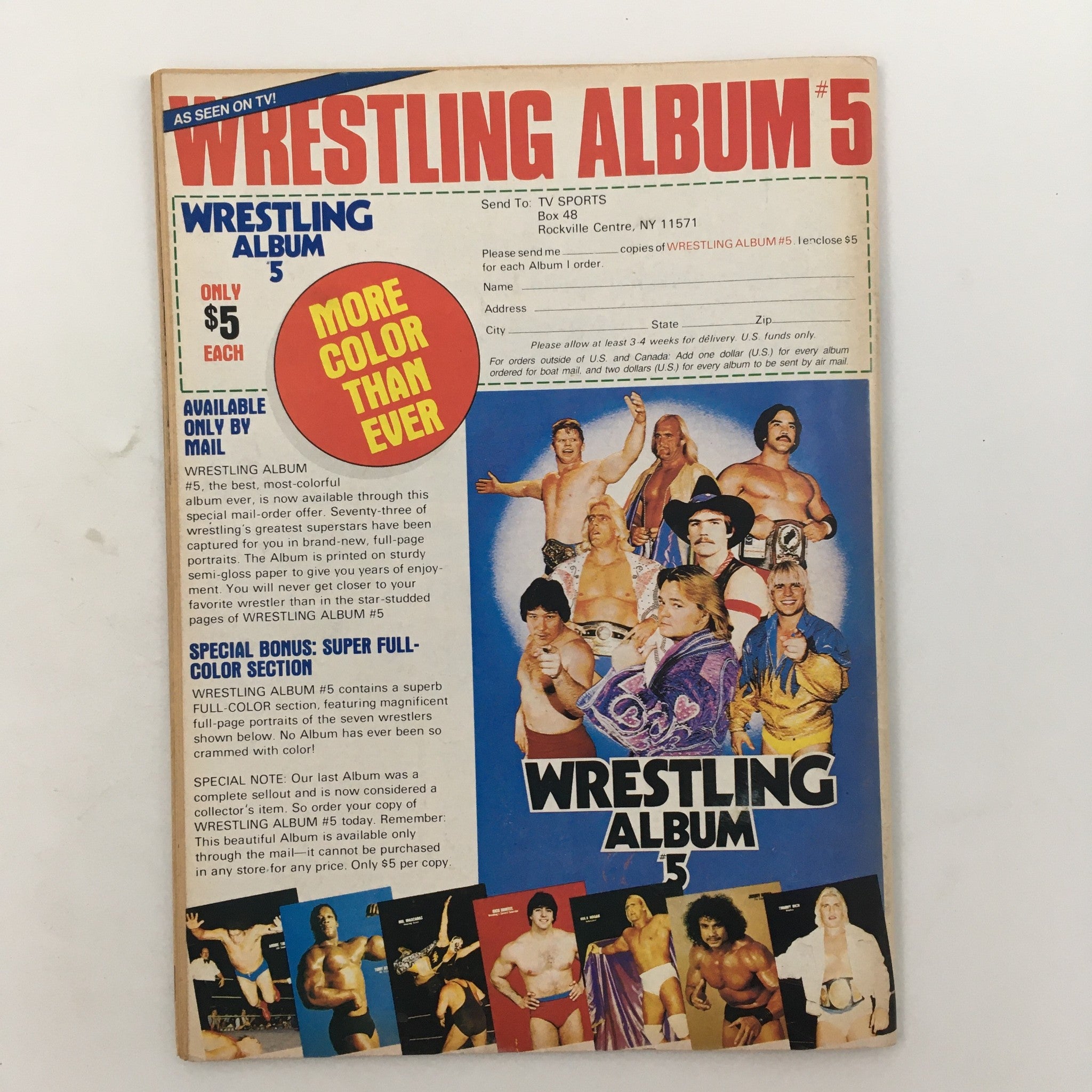 Back cover of Sports Review Wrestling Magazine April 1985 promoting Wrestling Album #5 with colorful wrestler portraits.