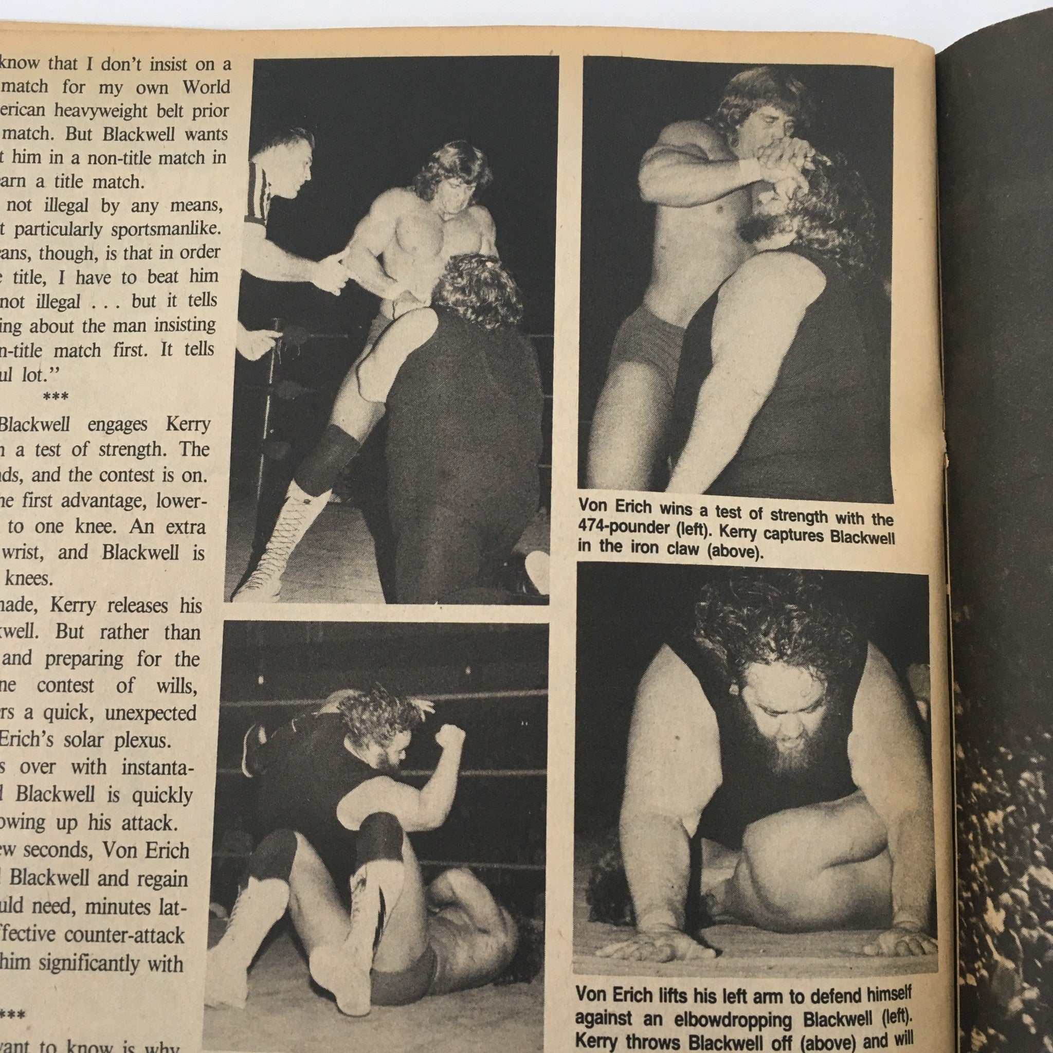 Inside pages of Sports Review Wrestling Magazine April 1985 showcasing action photos of Kerry Von Erich vs Crusher Blackwell in a wrestling match.