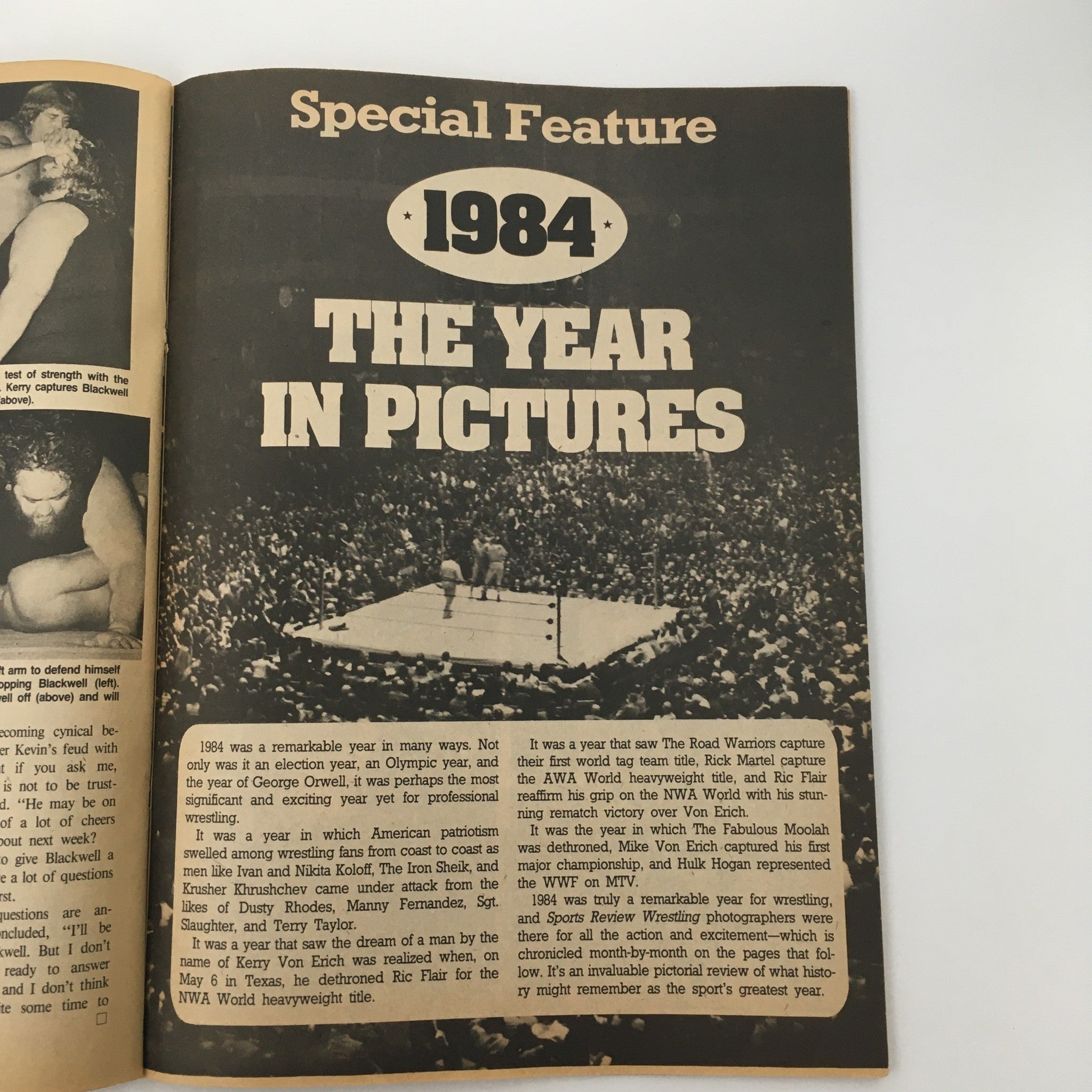 Inside page of Sports Review Wrestling Magazine from April 1985 featuring a special feature titled '1984: The Year in Pictures', showcasing key moments in professional wrestling history, including a wrestling match and highlights from the year.