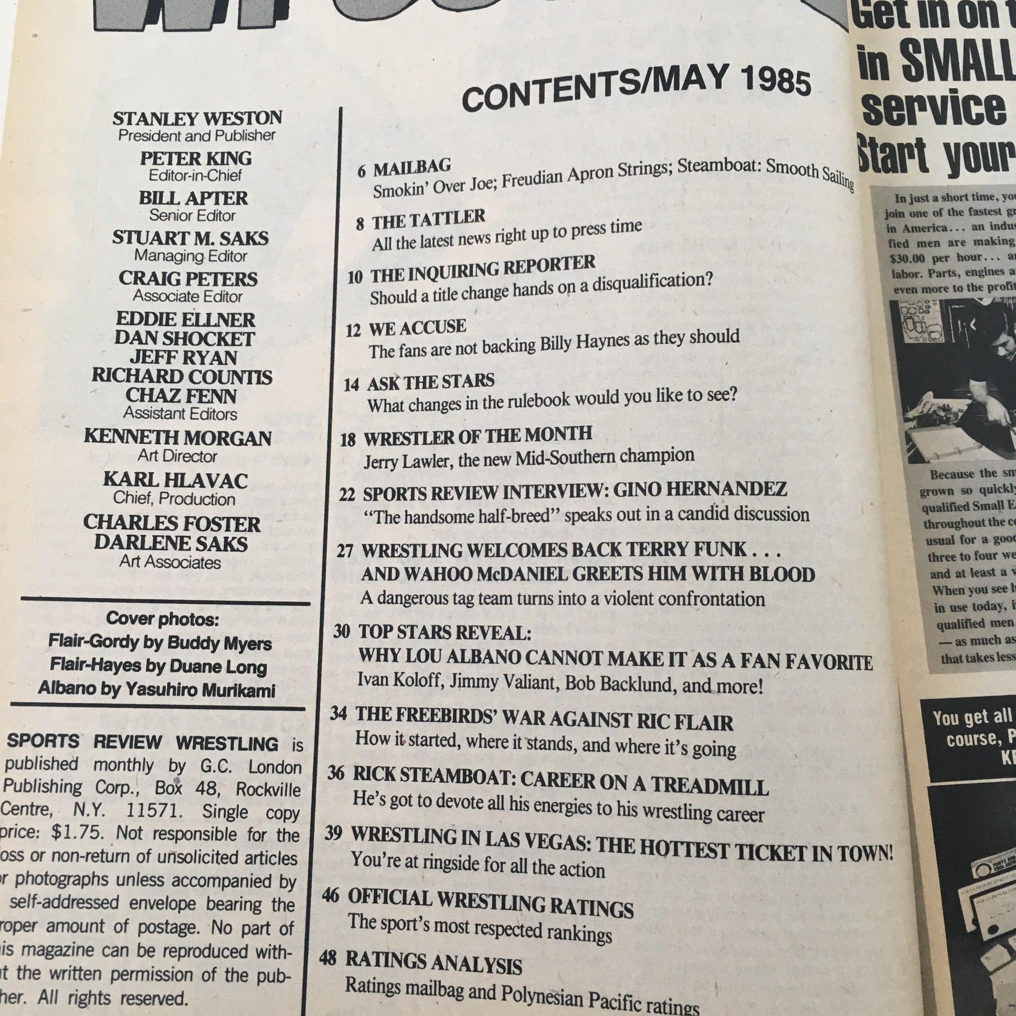 Contents page of Sports Review Wrestling Magazine May 1985 detailing articles, interviews, and features including The Freebirds and Ric Flair, providing insight into the wrestling culture of that era.