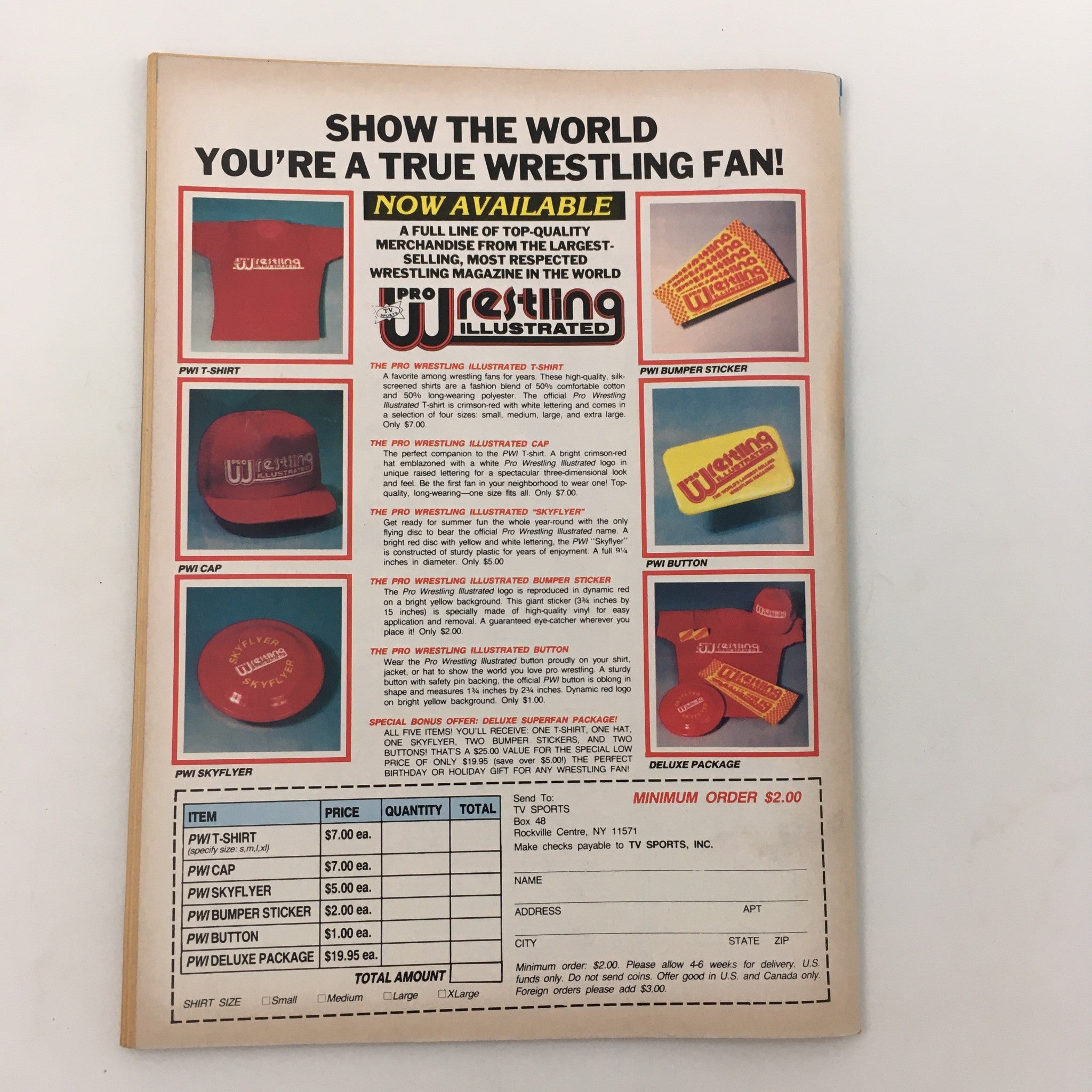 Back cover of Sports Review Wrestling Magazine May 1985 advertising wrestling merchandise like T-shirts, caps, and stickers, promoting engagement with wrestling fans and collectors.