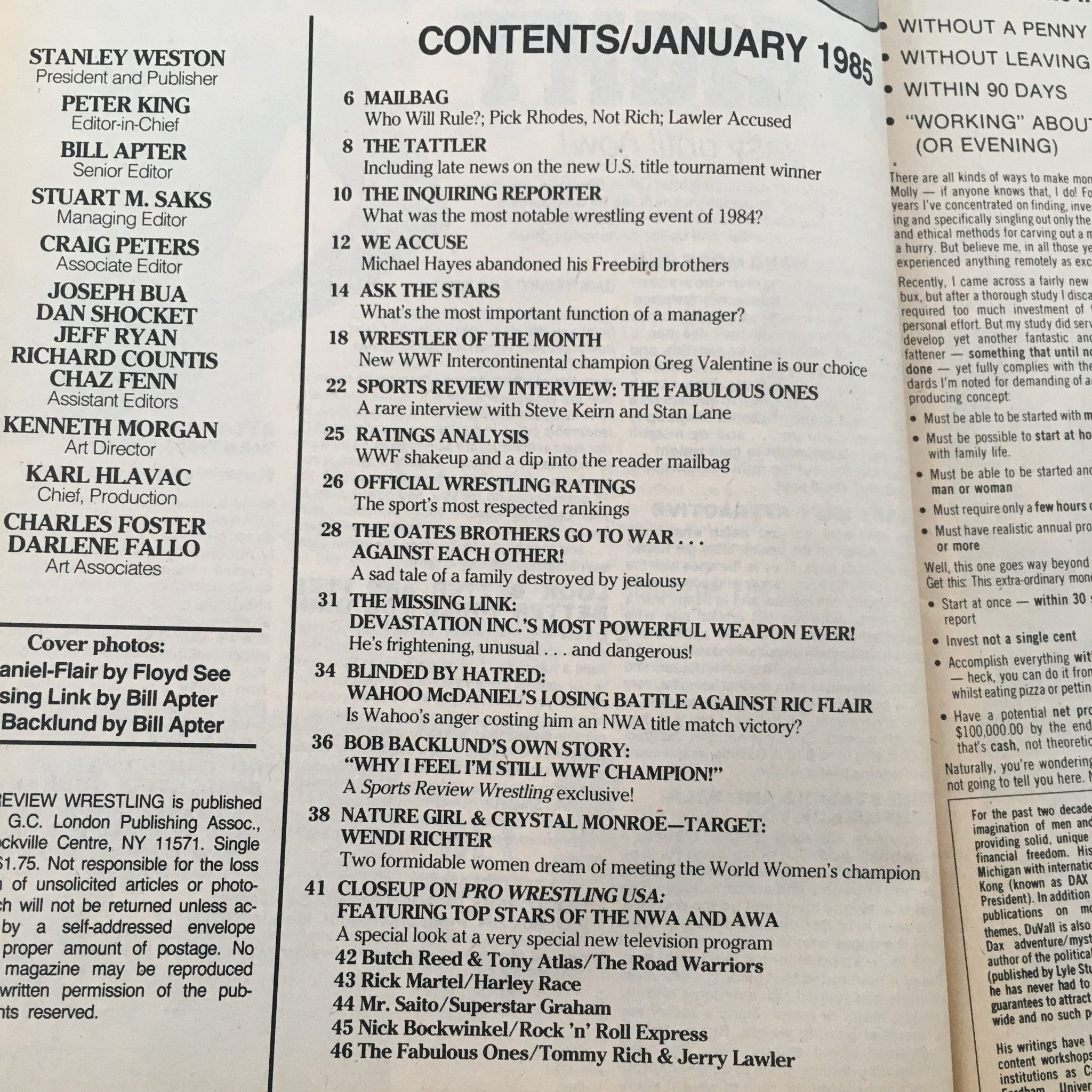 Table of contents from Sports Review Wrestling Magazine January 1985, detailing articles including Wahoo McDaniel vs Ric Flair.