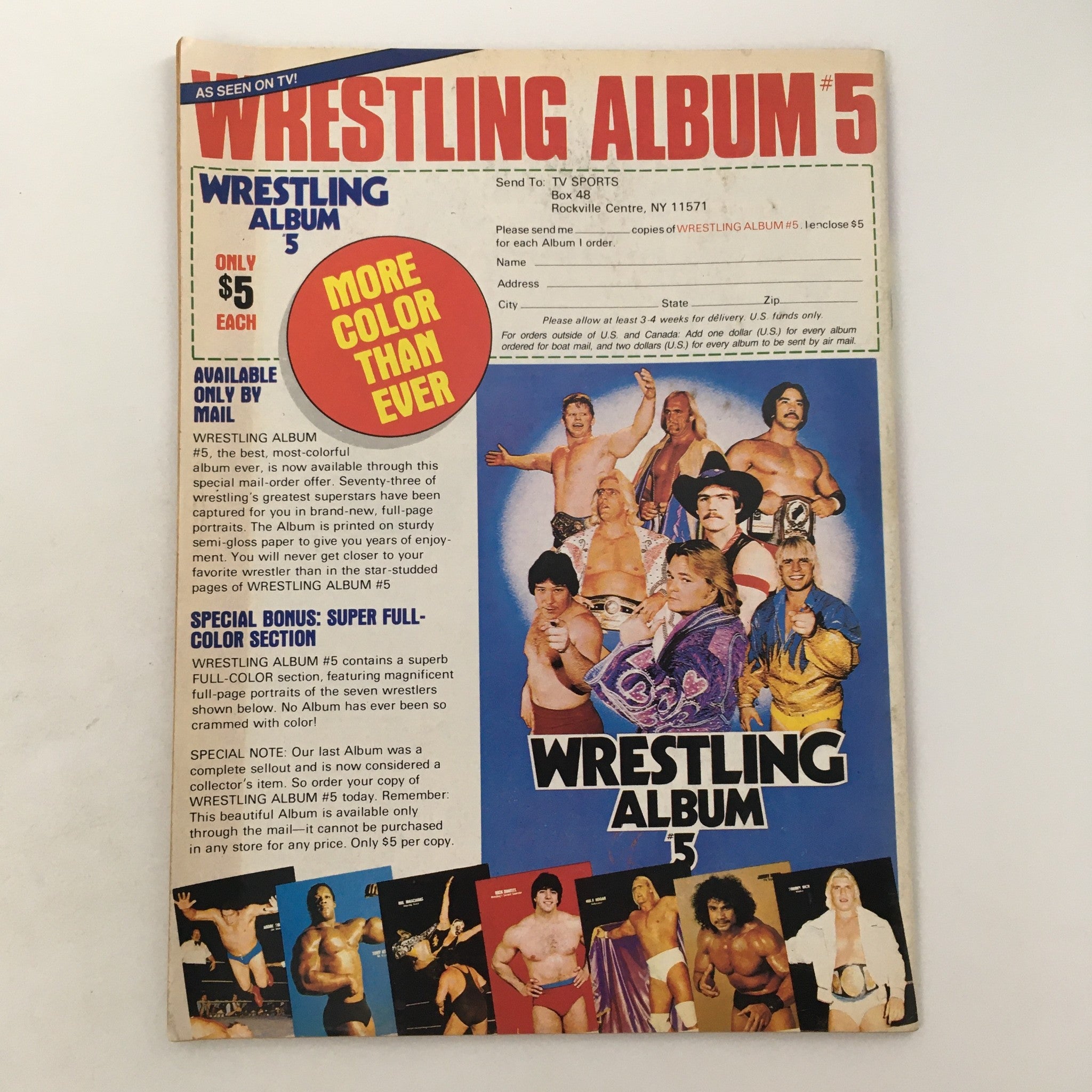 Back cover of Sports Review Wrestling Magazine January 1985 featuring an advertisement for Wrestling Album 5.