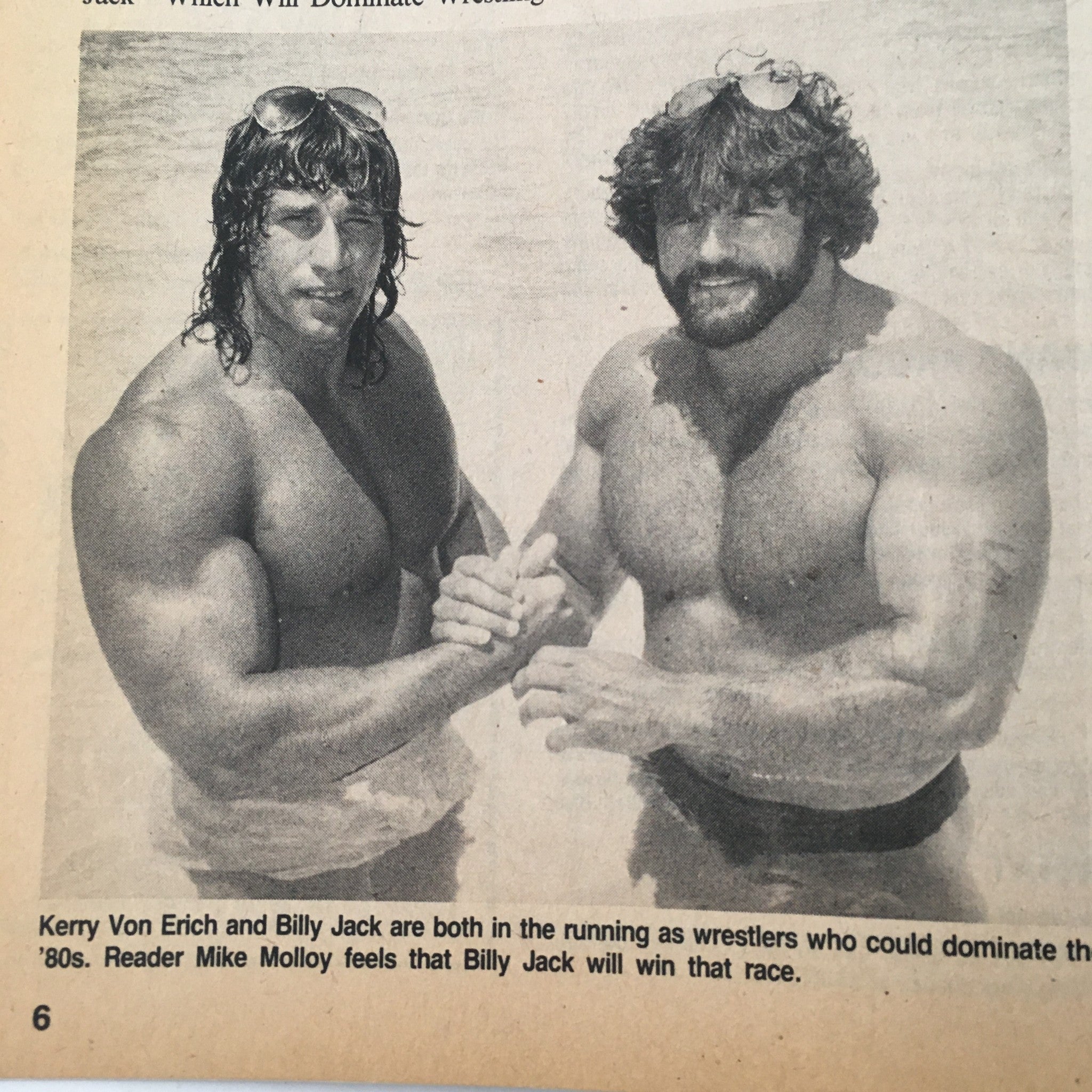 Black and white image of Kerry Von Erich and Billy Jack in Sports Review Wrestling Magazine January 1985, discussing potential wrestling dominance.