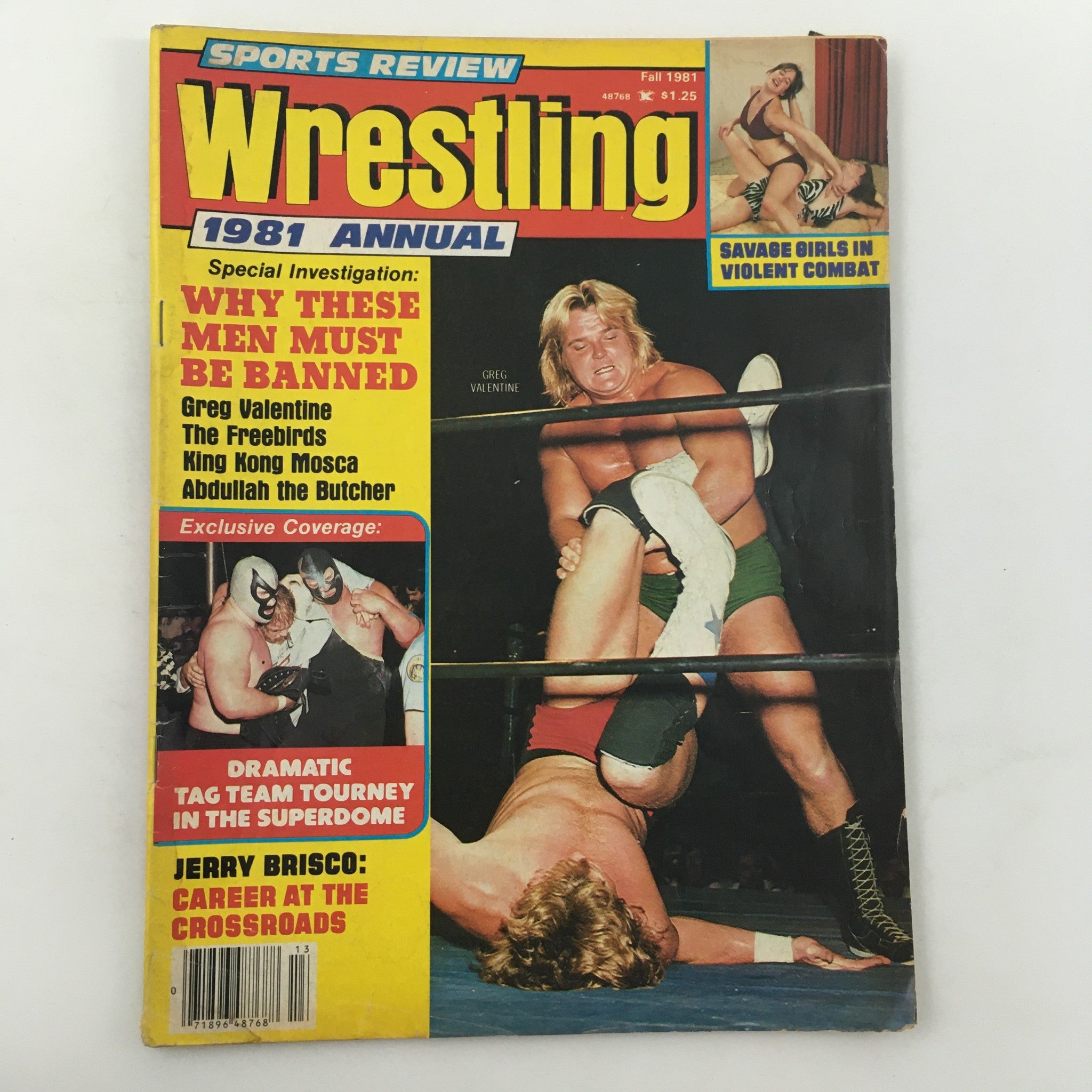Cover of Sports Review Wrestling Magazine Fall 1981 featuring Greg Valentine and Abdullah The Butcher in a wrestling match.