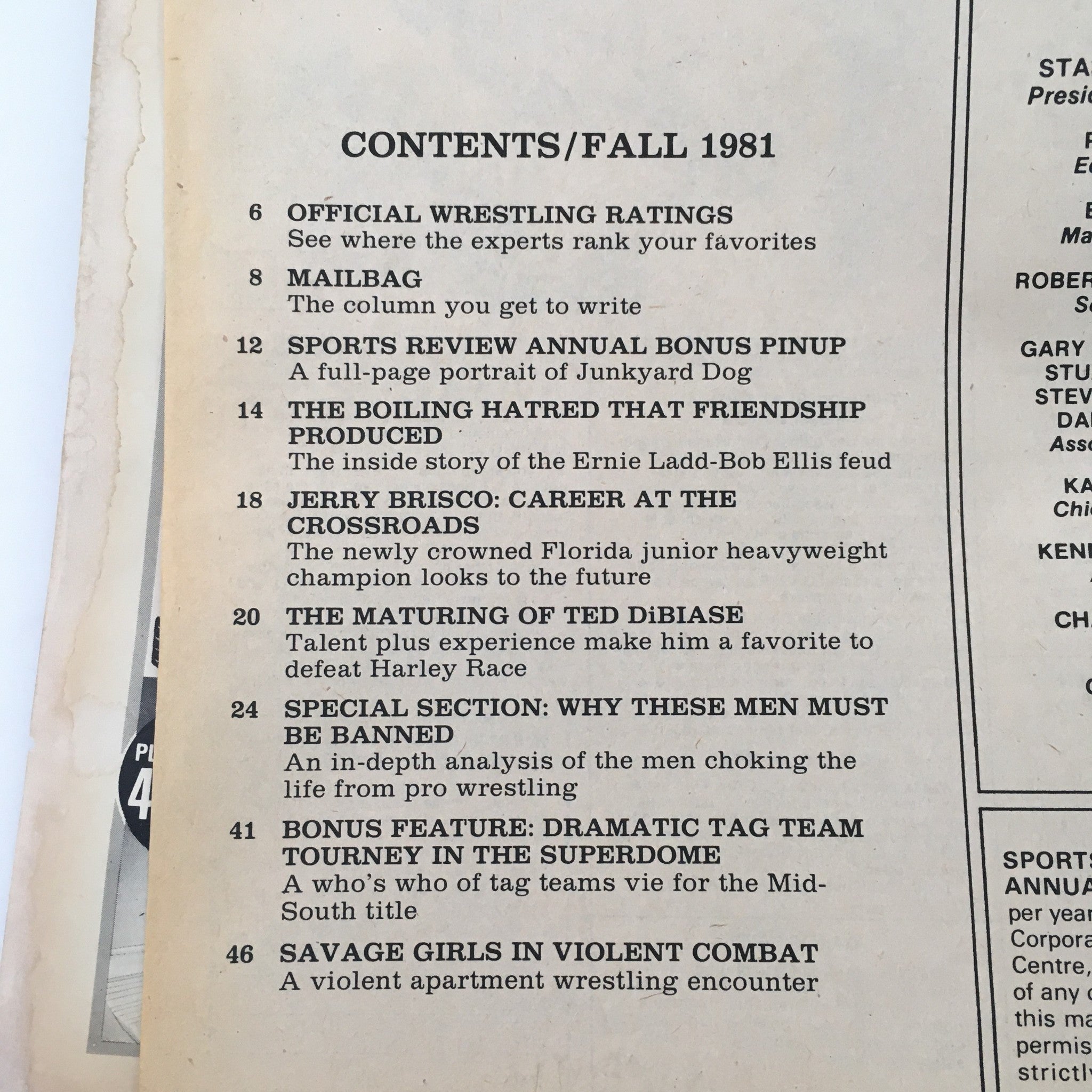 Contents page of Sports Review Wrestling Magazine Fall 1981 detailing articles and features including Jerry Brisco's career.