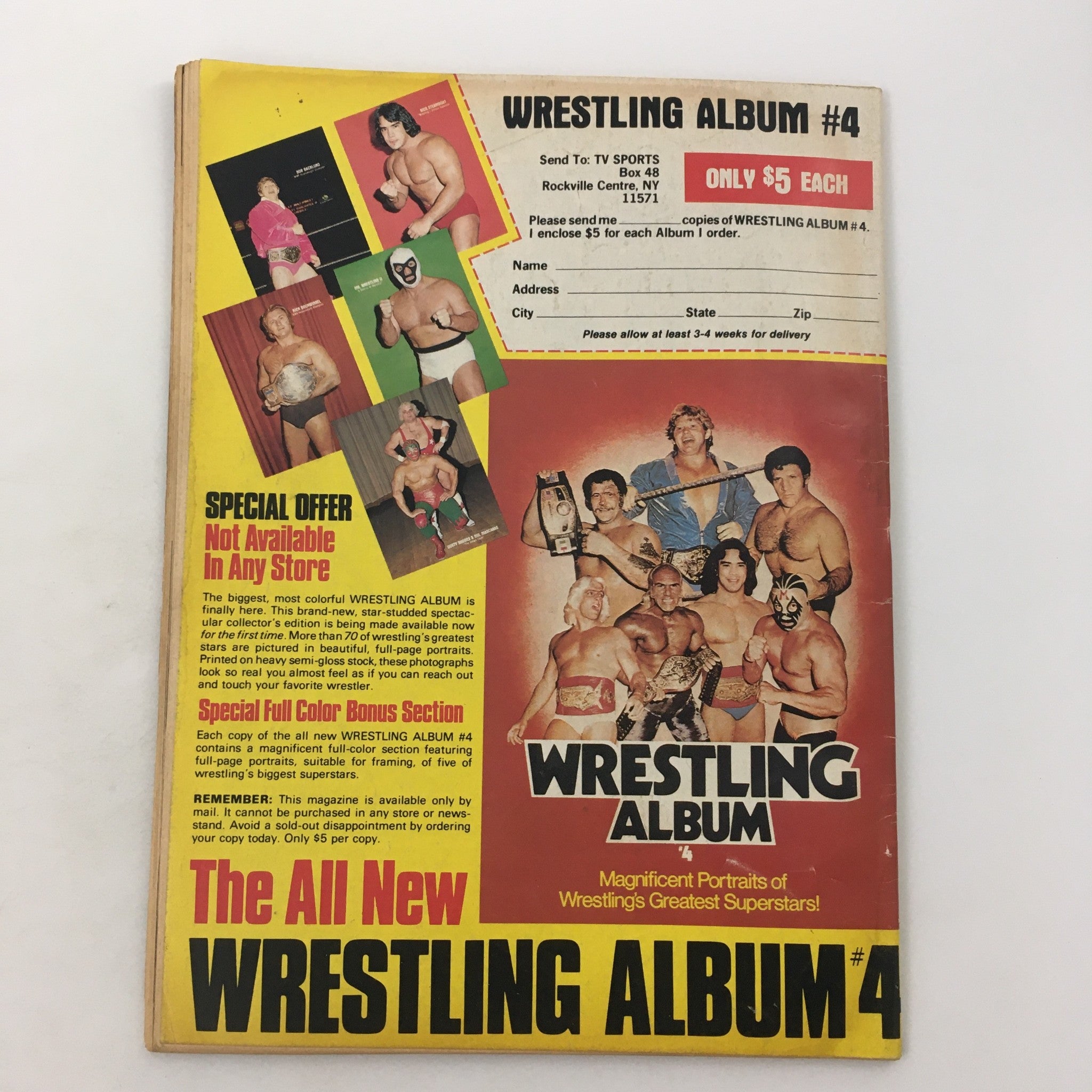 Back cover of Sports Review Wrestling Magazine Fall 1981 showcasing Wrestling Album #4 and special offers for wrestlers' portraits.