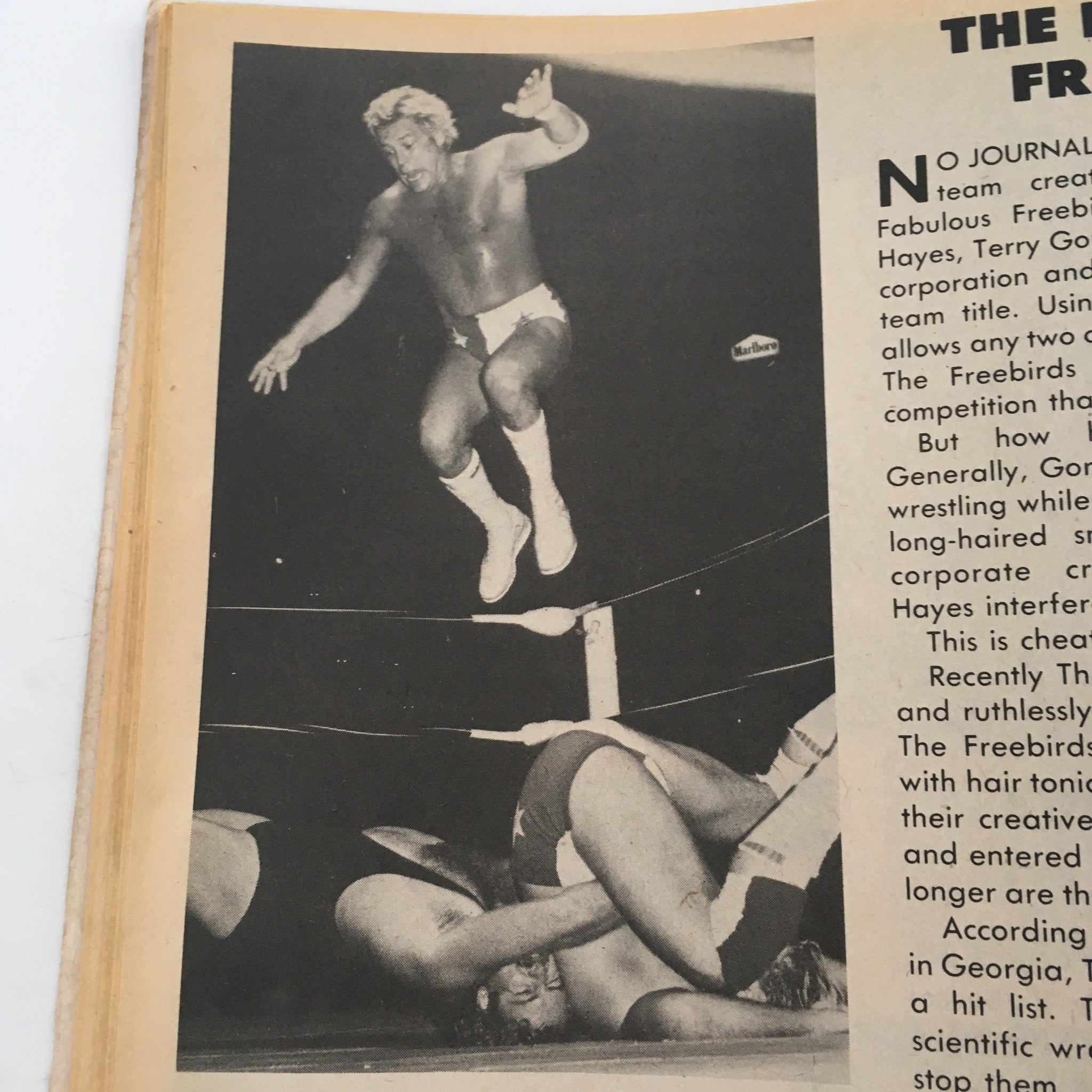 Black and white image from Sports Review Wrestling Magazine Fall 1981, showcasing a wrestler in mid-air above two opponents on the mat, highlighting the dynamic action of professional wrestling.