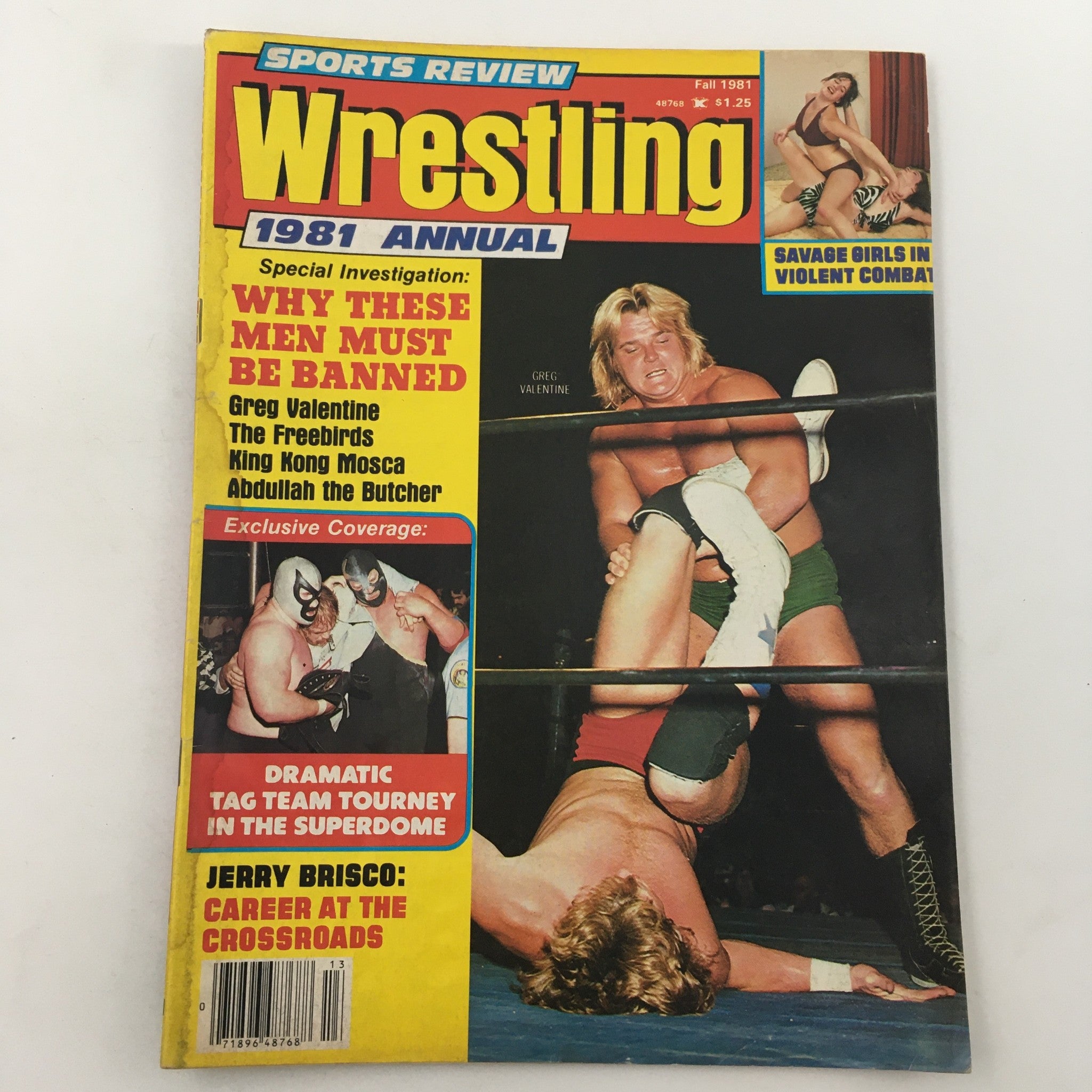 Front cover of Sports Review Wrestling Magazine Fall 1981 featuring Jerry Brisco and a special investigation topic, highlighting key wrestlers and dramatic moments in wrestling.