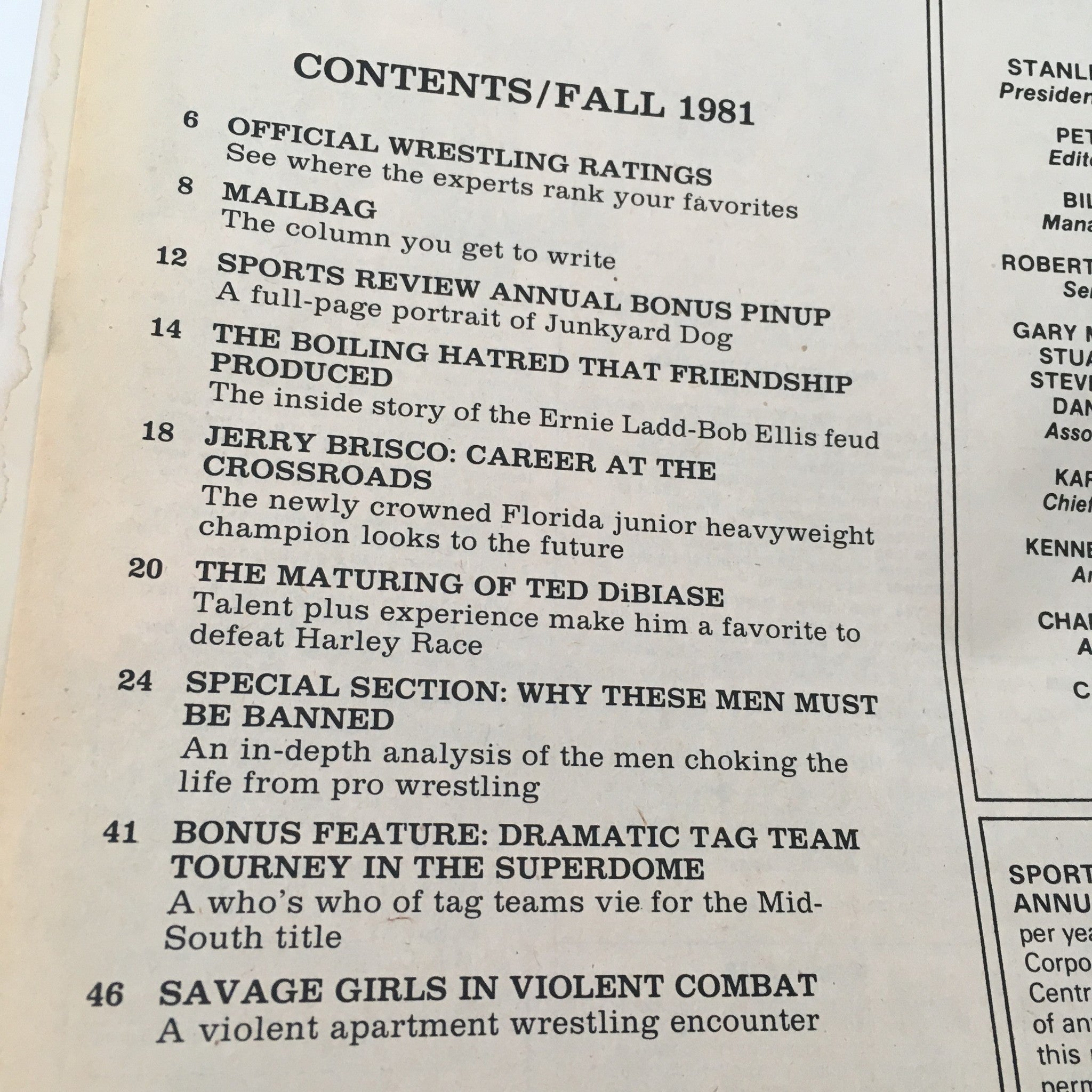 Contents page of Sports Review Wrestling Magazine Fall 1981 detailing articles including Jerry Brisco's career and special features on wrestling.