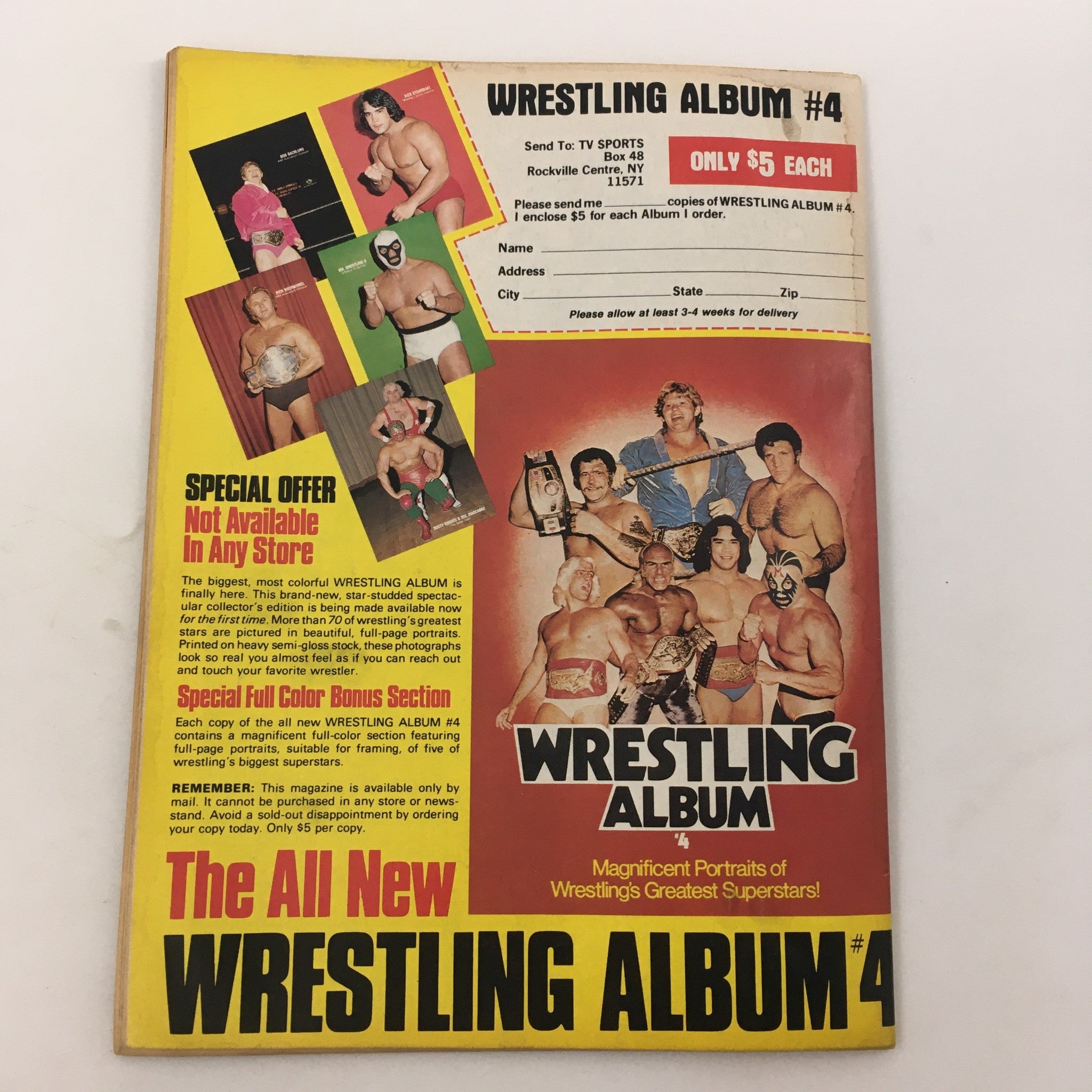 Back cover of Sports Review Wrestling Magazine Fall 1981 promoting Wrestling Album #4, showcasing notable wrestlers and exclusive collector offers.