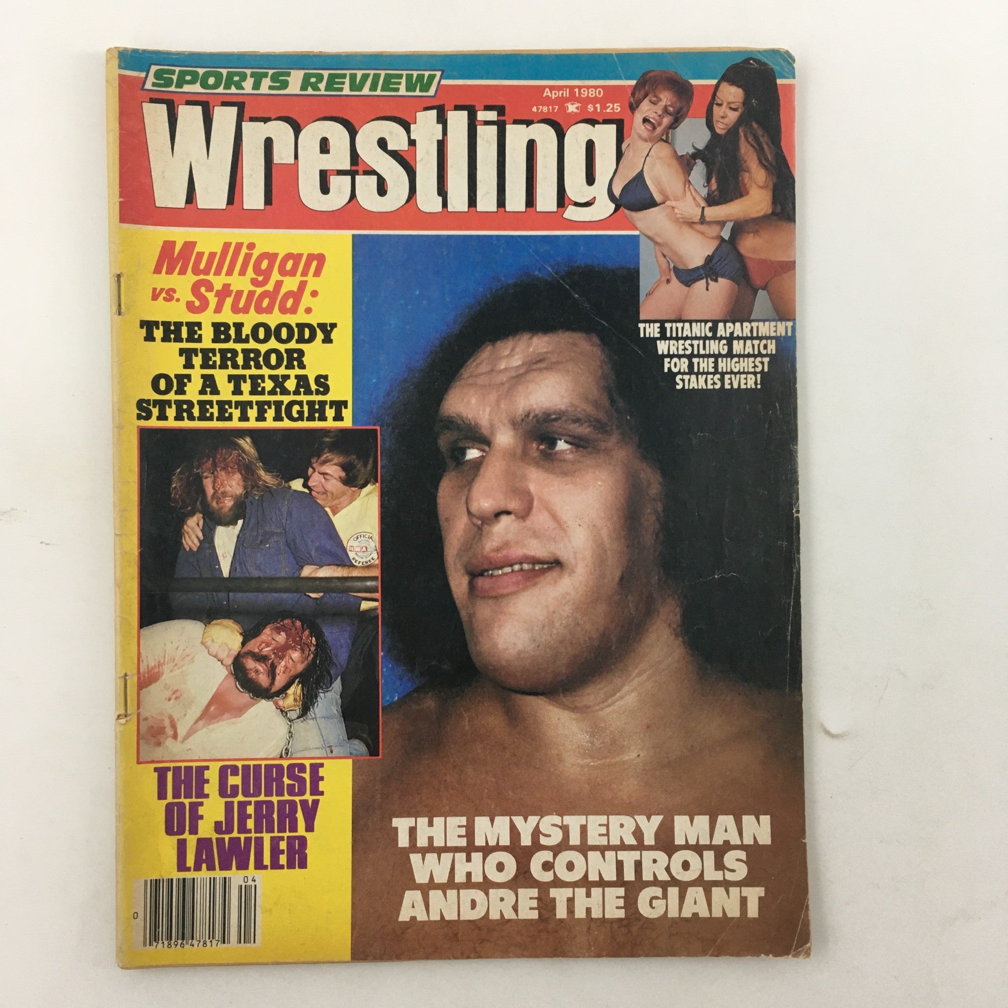 Sports Review Wrestling Magazine April 1980 cover featuring Andre the Giant and the Mystery Man, highlighting topics like Mulligan vs Studd and the curse of Jerry Lawler.