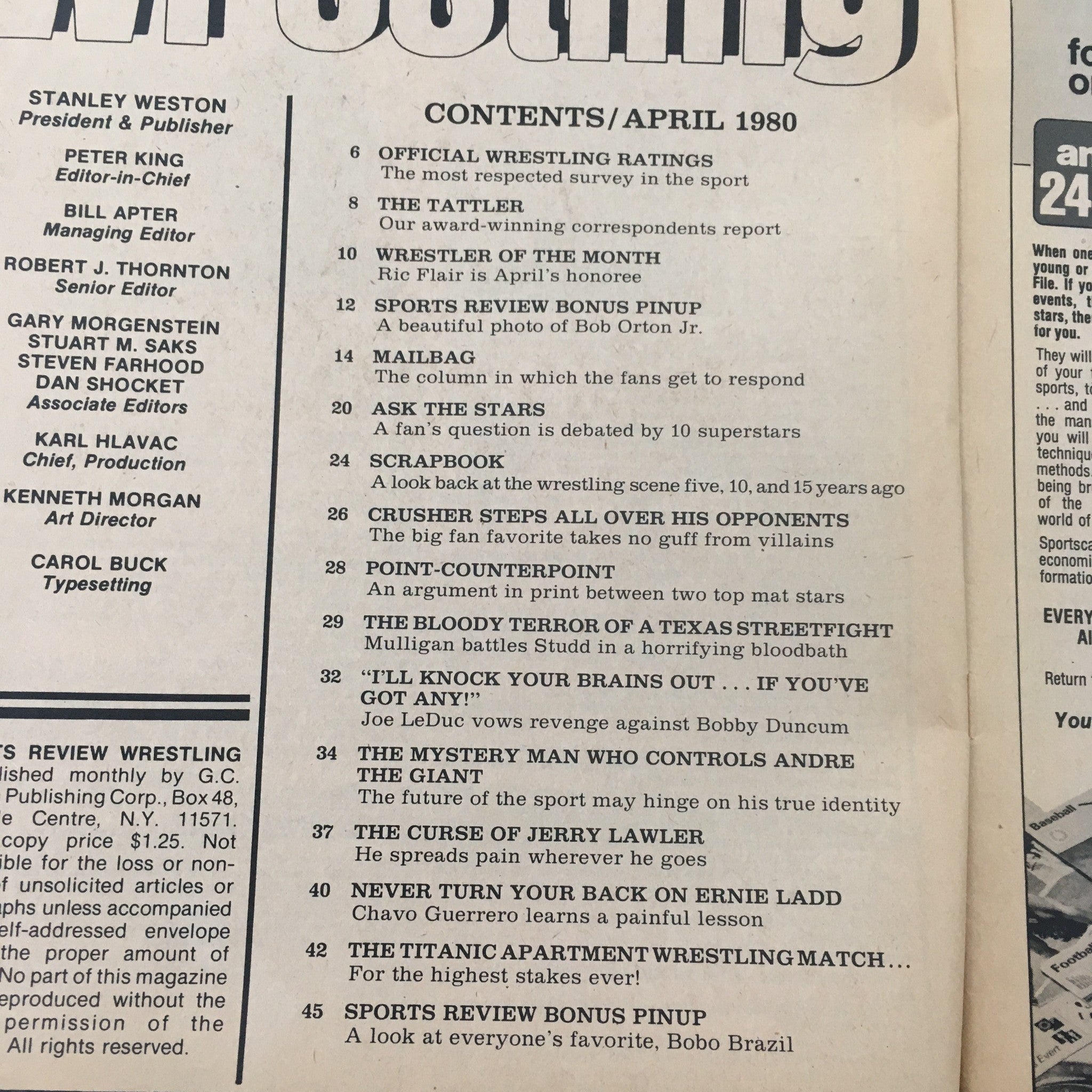 Contents page of Sports Review Wrestling Magazine April 1980, detailing articles including wrestler profiles and the Bloody Terror of a Texas Streetfight.