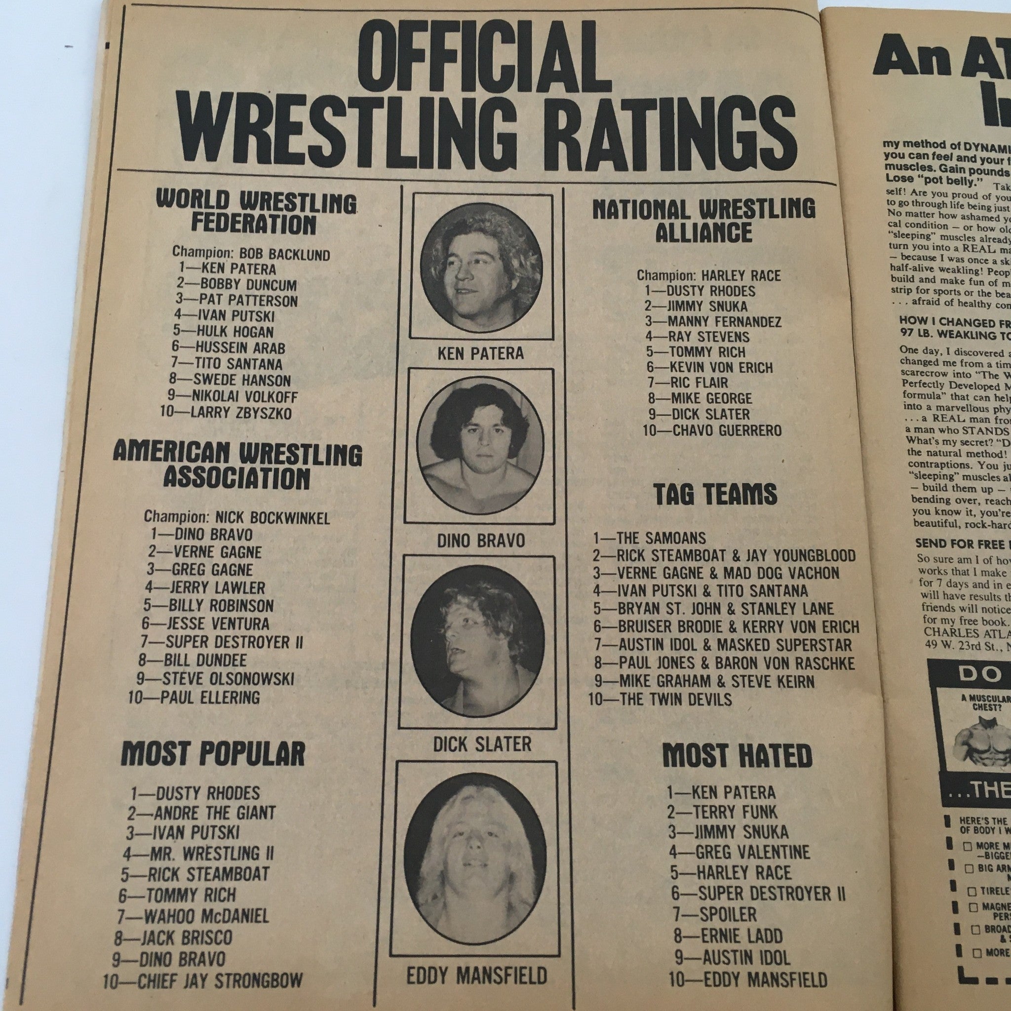 Official wrestling ratings page from Sports Review Wrestling Magazine April 1980, showcasing rankings for popular wrestlers and tag teams of the era.