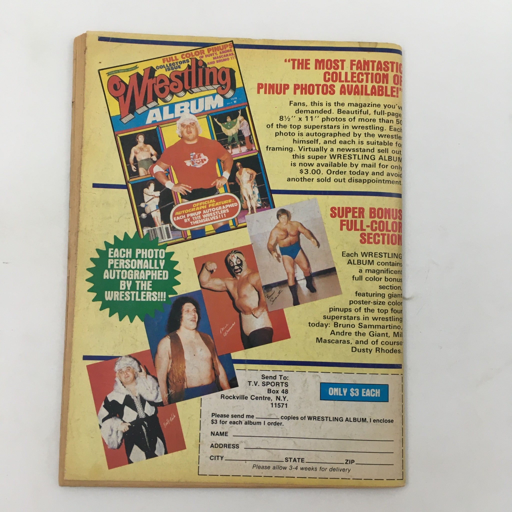 Back cover of Sports Review Wrestling Magazine April 1980 promoting a wrestling album featuring autographed photos of famous wrestlers.