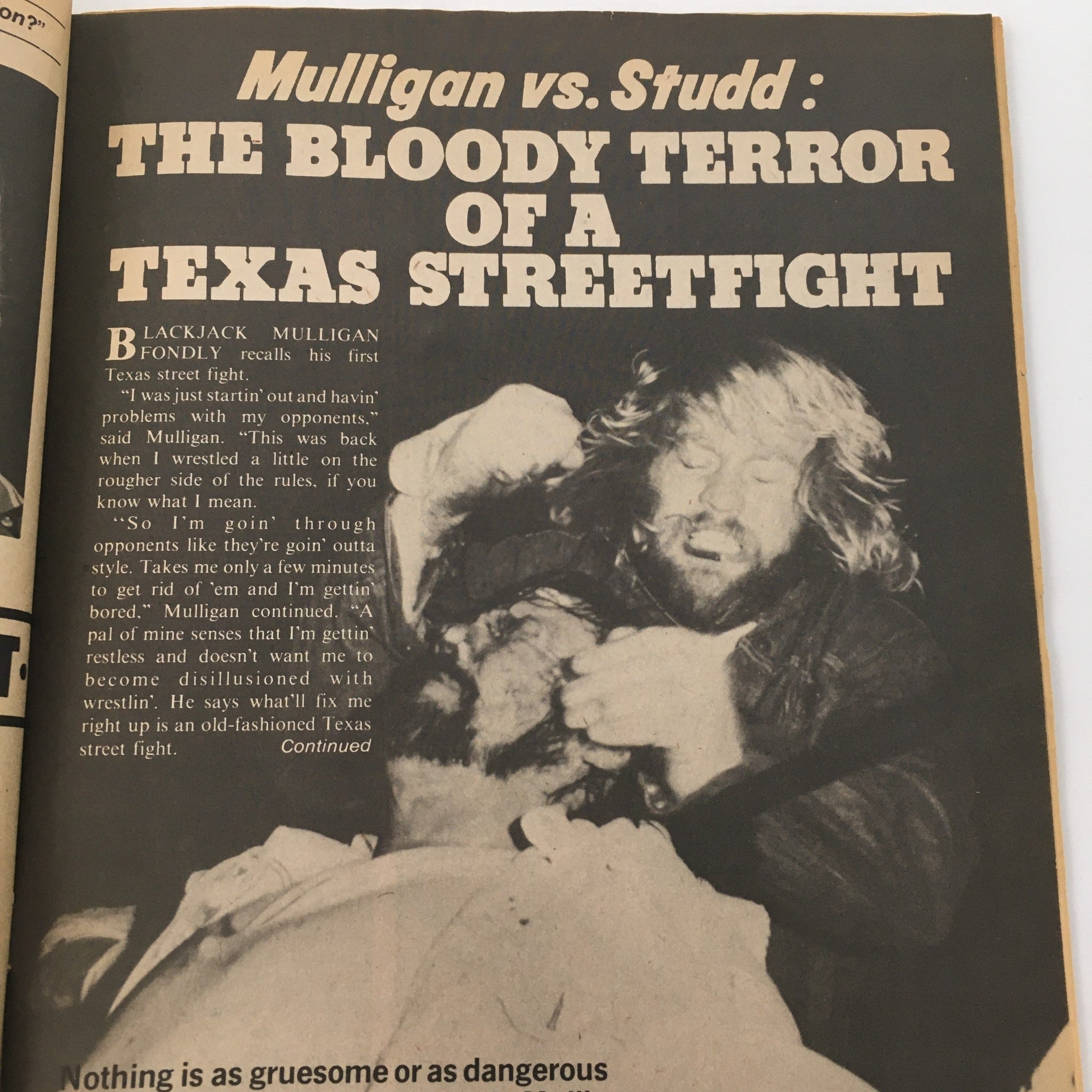 Article page from Sports Review Wrestling Magazine April 1980 detailing the Texas Streetfight between Mulligan and Studd.