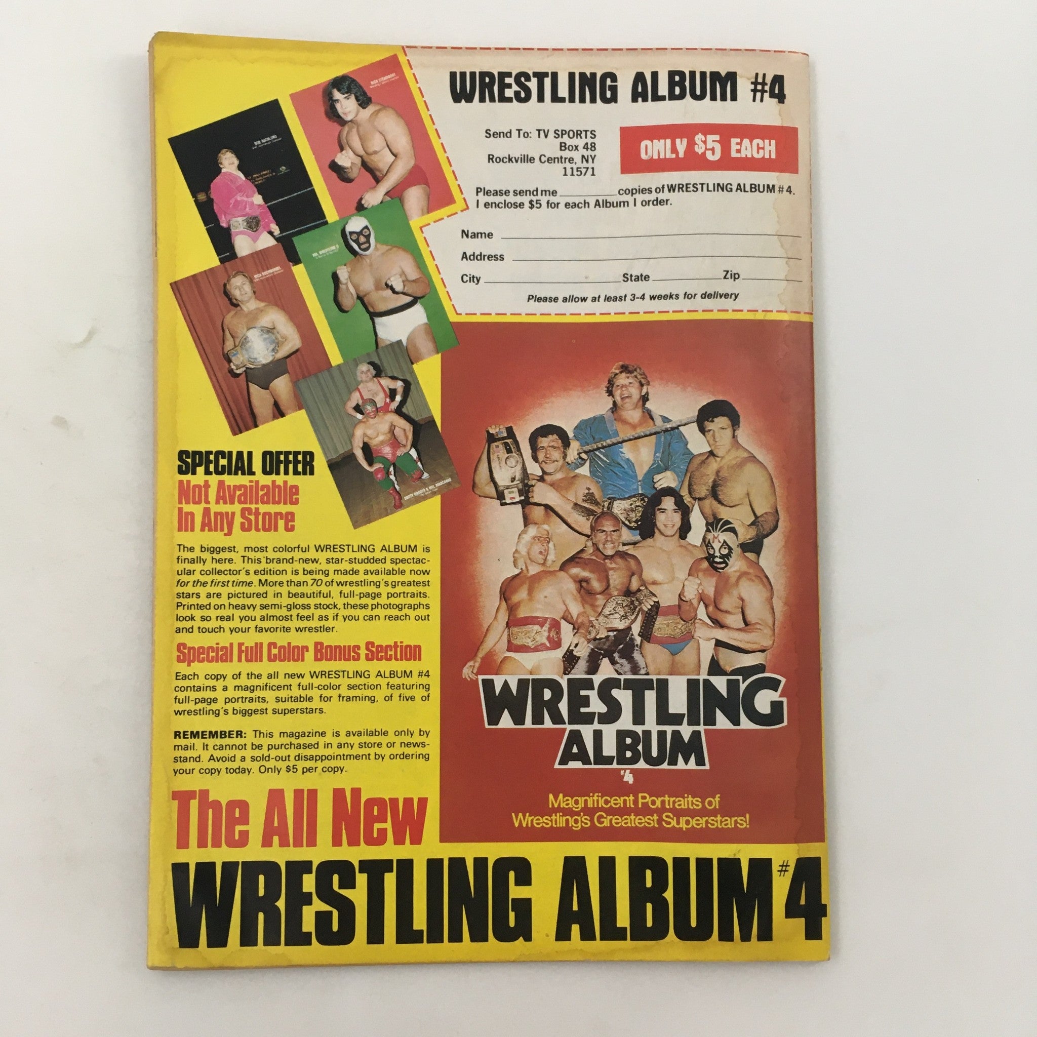 Cover of Wrestling Album #4 featuring legendary wrestlers and offer for ordering the album, related to Pro Wrestling Illustrated Magazine May 1982.