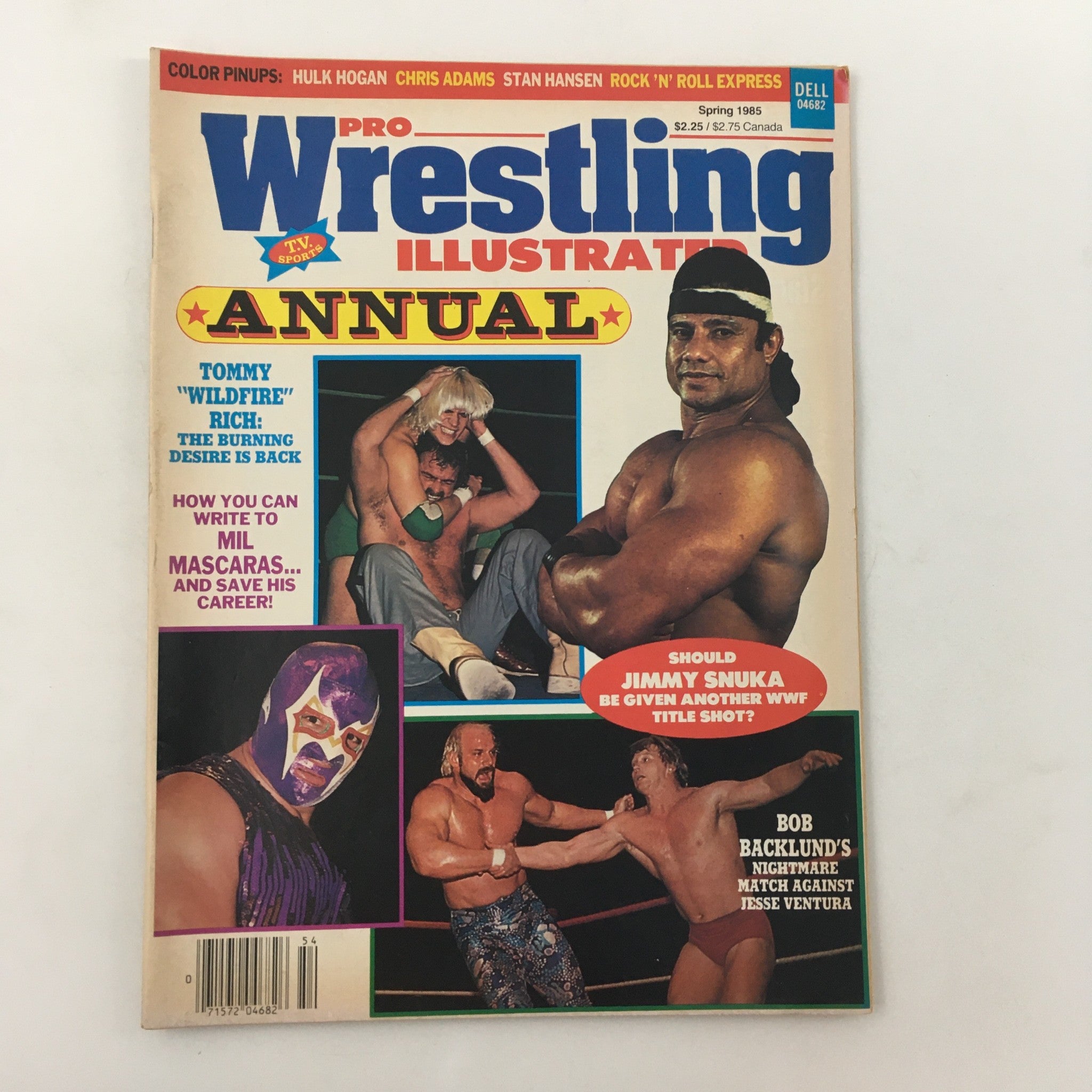 Cover of Pro Wrestling Illustrated Magazine Spring 1985 featuring Tommy Rich, Jimmy Snuka, and other wrestling stars, highlighting wrestling news and features.