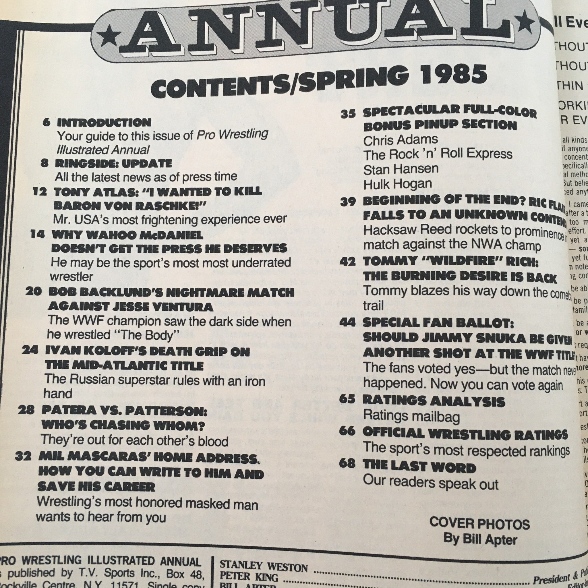 Table of contents from Pro Wrestling Illustrated Magazine Spring 1985, detailing articles and highlights including interviews and wrestling events.
