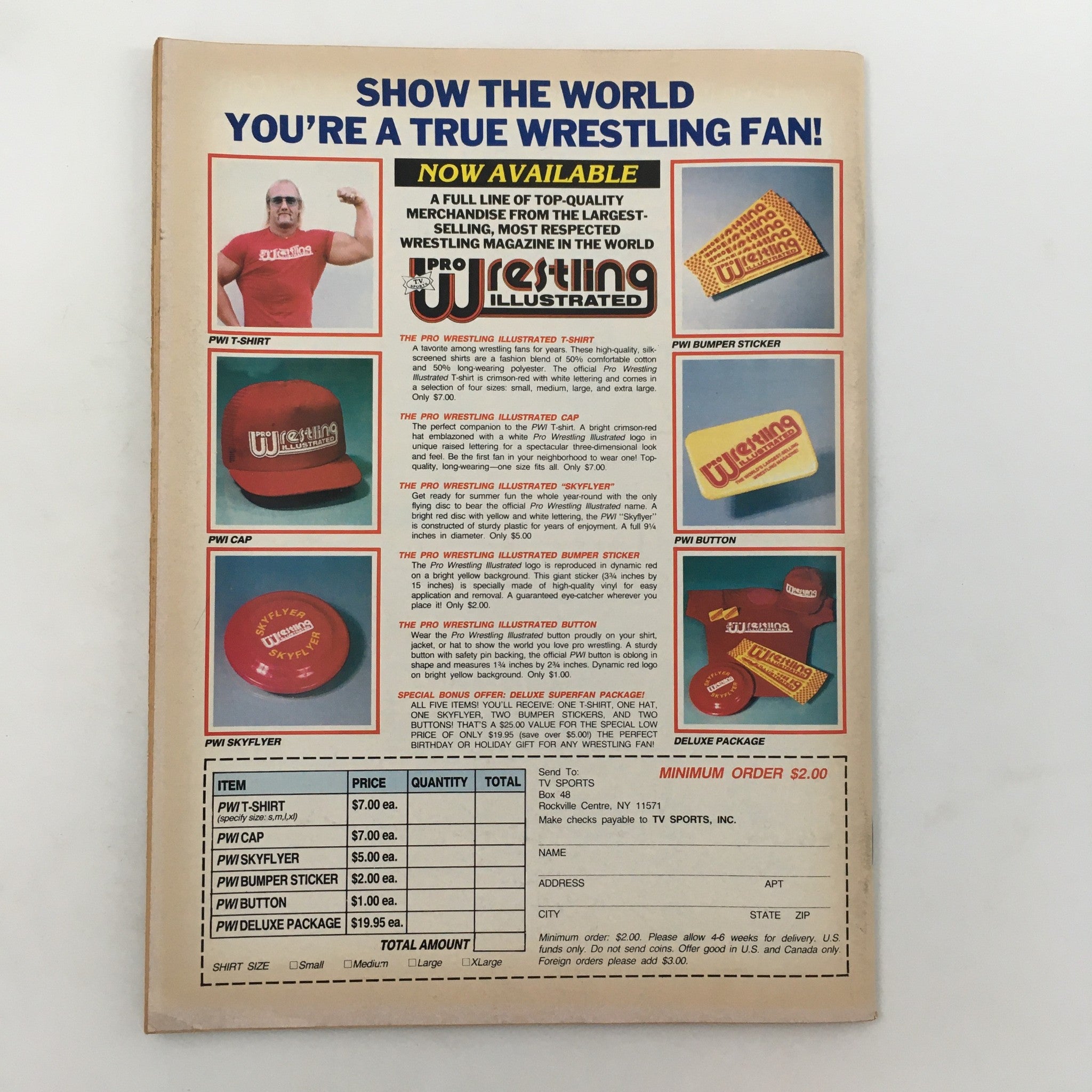 Back cover of Pro Wrestling Illustrated Magazine Spring 1985 displaying merchandise and promotional items available for wrestling fans.