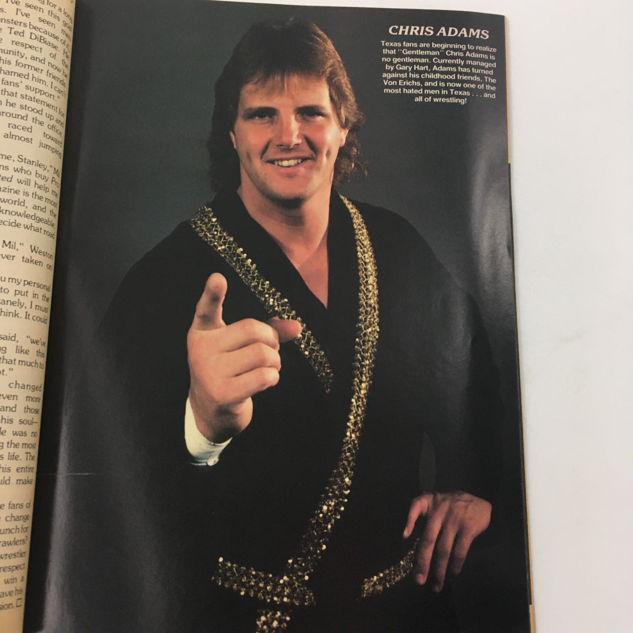Photo feature of Chris Adams from Pro Wrestling Illustrated Magazine Spring 1985, showcasing his wrestling persona and profile.