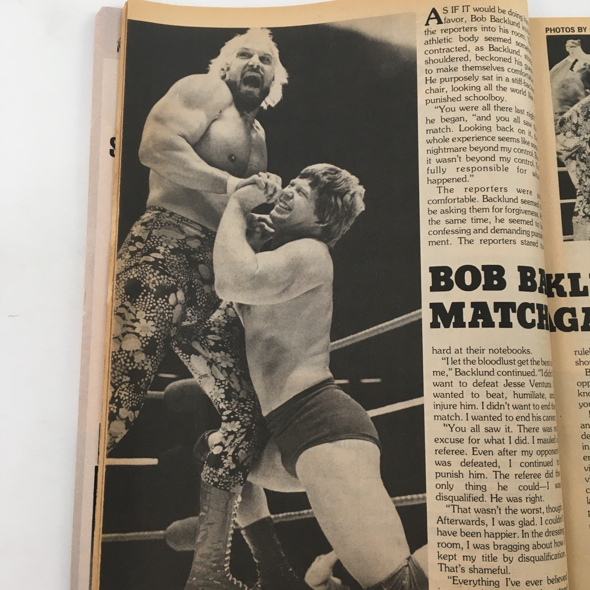 Action shot of Bob Backlund wrestling in Pro Wrestling Illustrated Magazine Spring 1985, capturing a moment from his match.