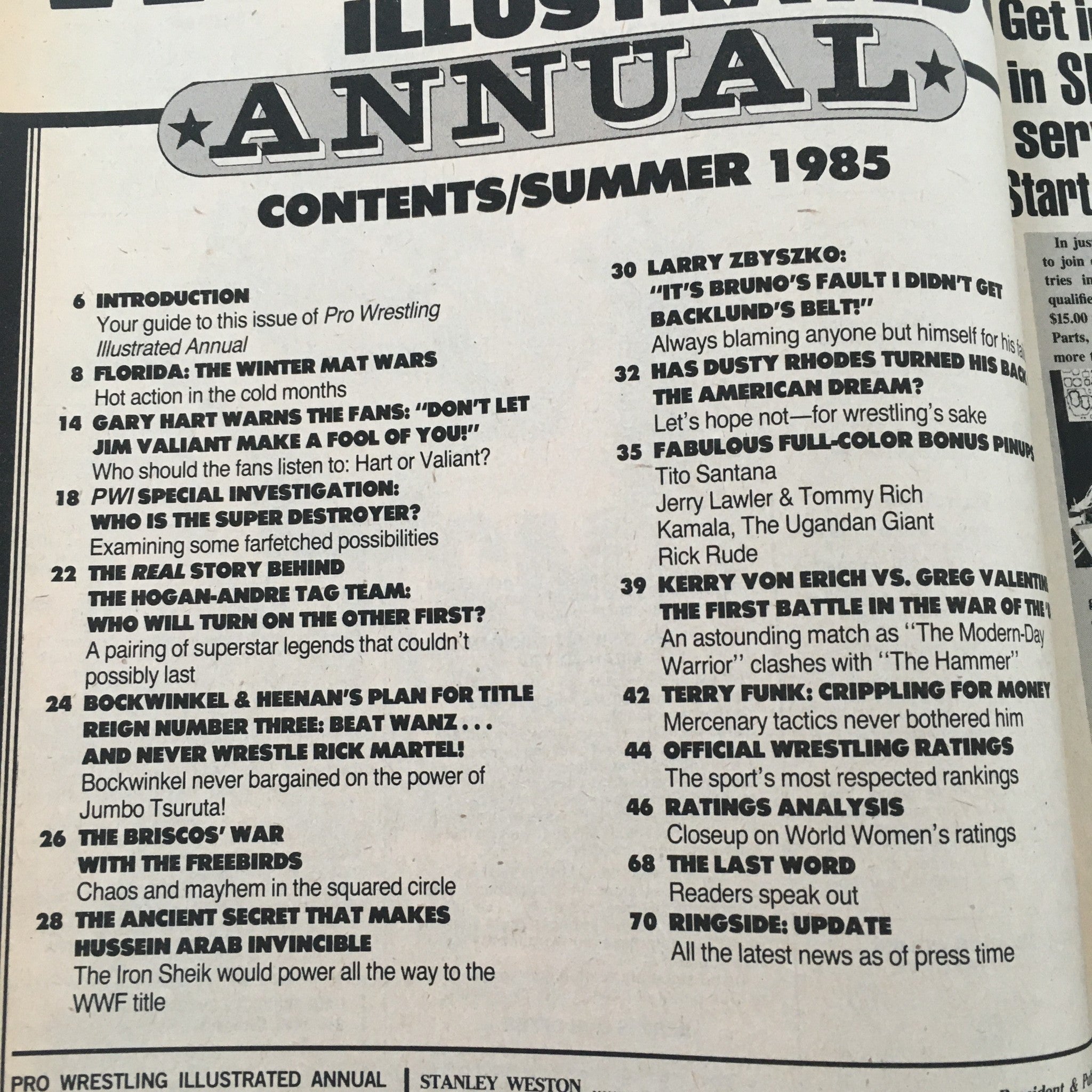 Contents page of Pro Wrestling Illustrated Magazine Summer 1985, detailing articles on wrestling legends and events, including the Hogan-Andre tag team feud.