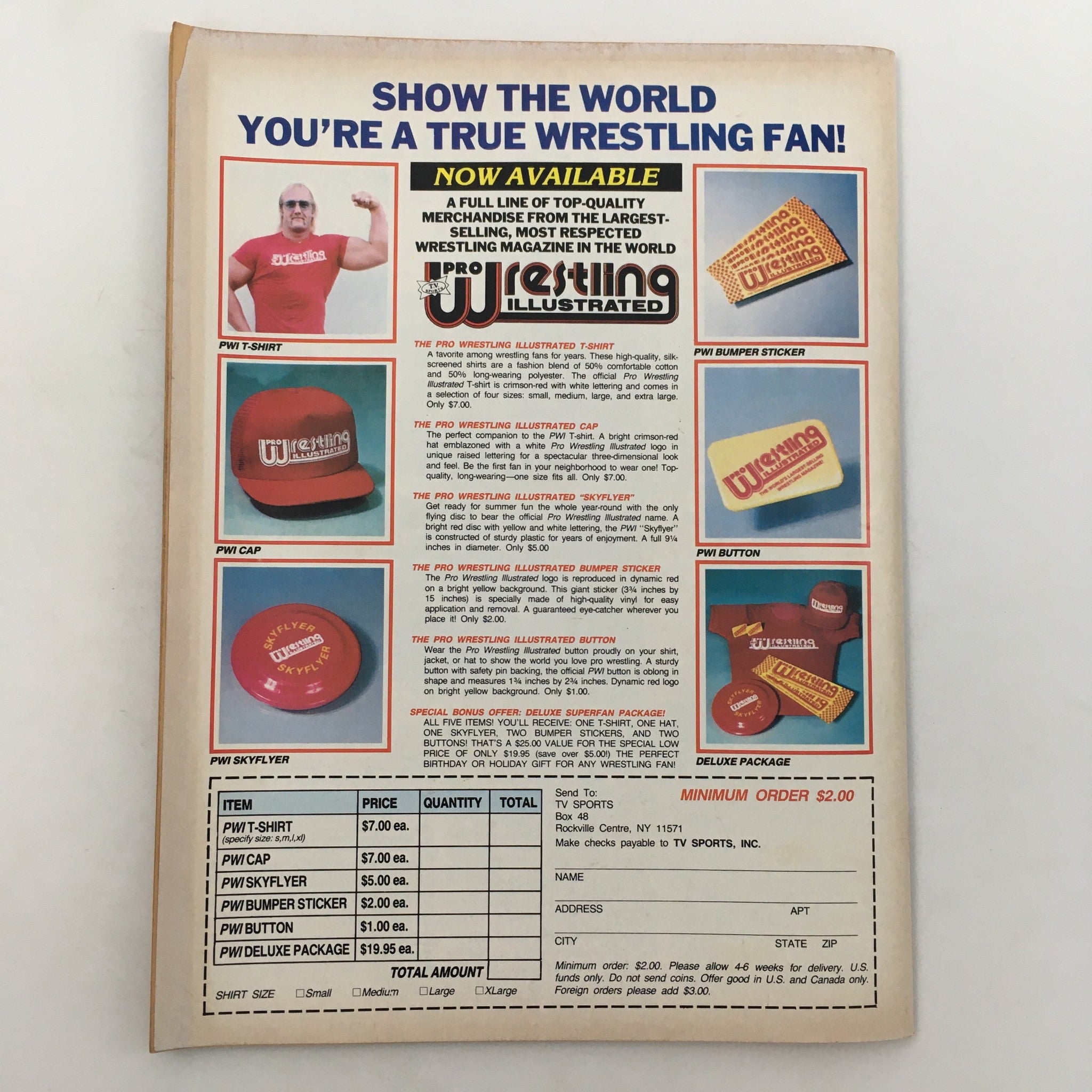 Back cover of Pro Wrestling Illustrated Magazine Summer 1985 highlighting available merchandise for wrestling fans, including T-shirts and caps.