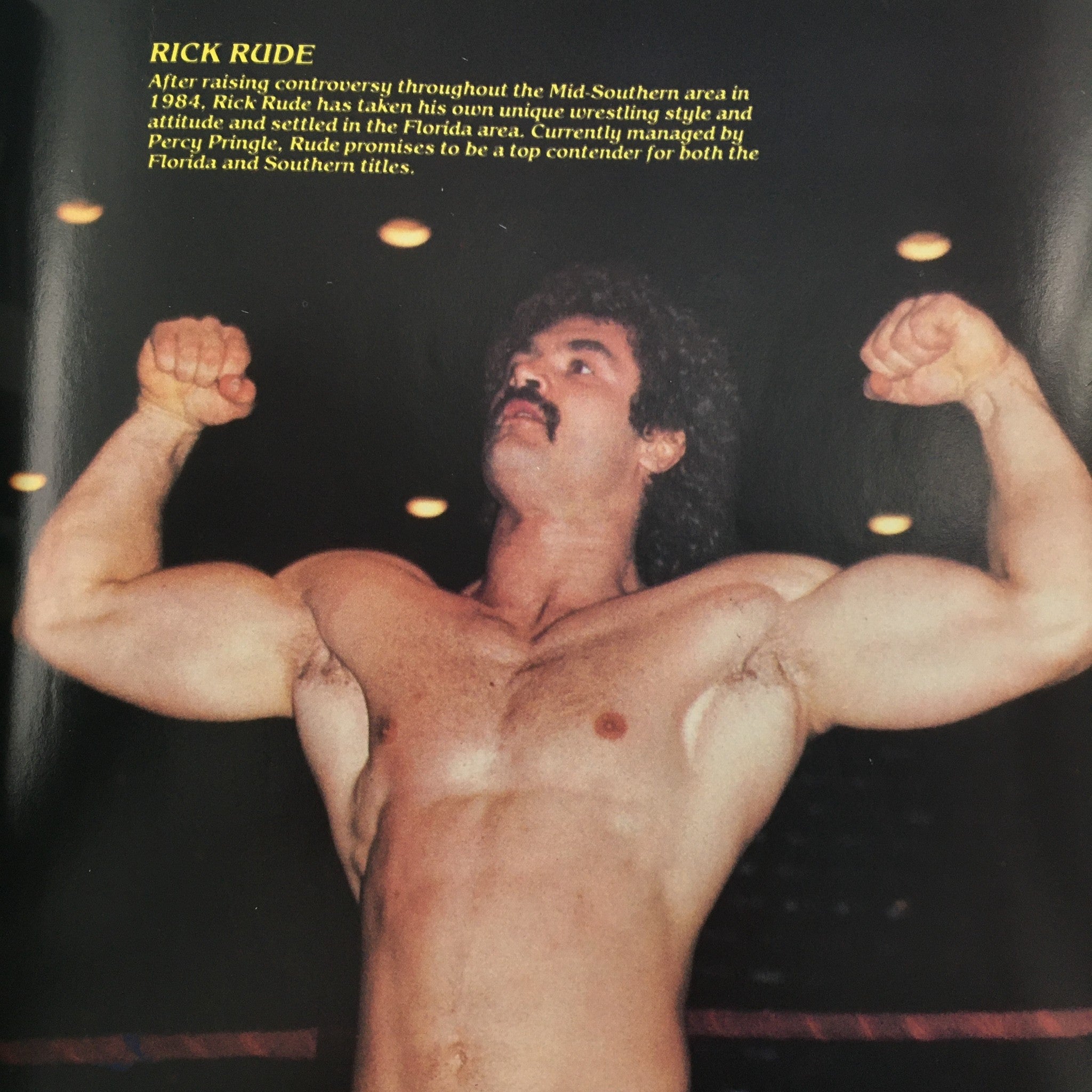 Image of Rick Rude featured in Pro Wrestling Illustrated Magazine Summer 1985, showcasing his wrestling persona and athletic physique.