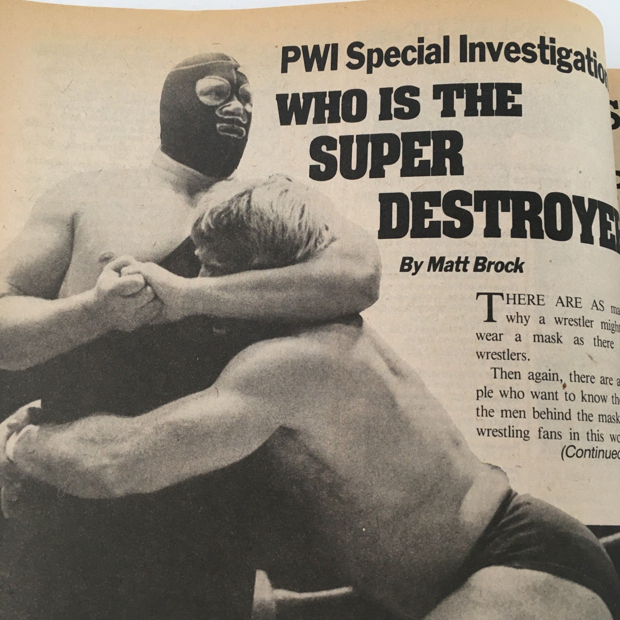 Article page from Pro Wrestling Illustrated Magazine Summer 1985 featuring a special investigation on the identity of the wrestling character, the Super Destroyer.
